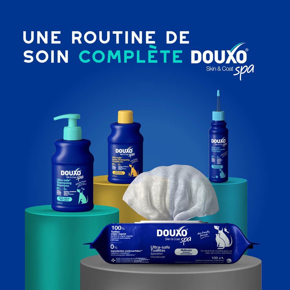 Dos du flacon bleu avec texte. DOUXO Skin & Coat Spa Ultra-safe Shampoing.