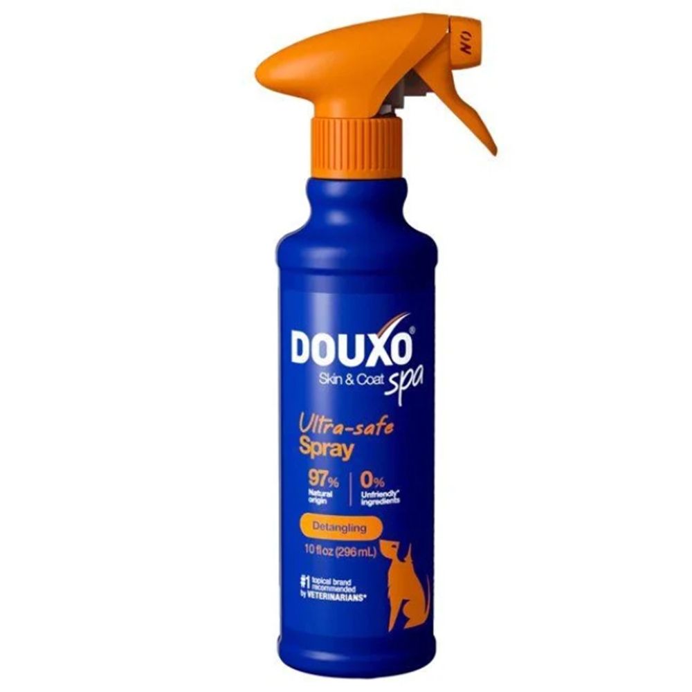 Douxo Skin & Coat Spa Ultra-safe Spray, 295ml, blauwe spuitfles met oranje sproeikop.