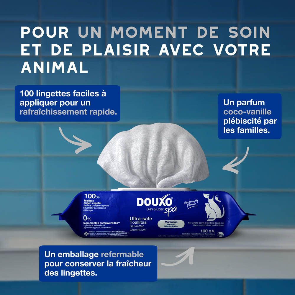 Lingettes, emballage et flèches. Texte : Pour un moment de soin.