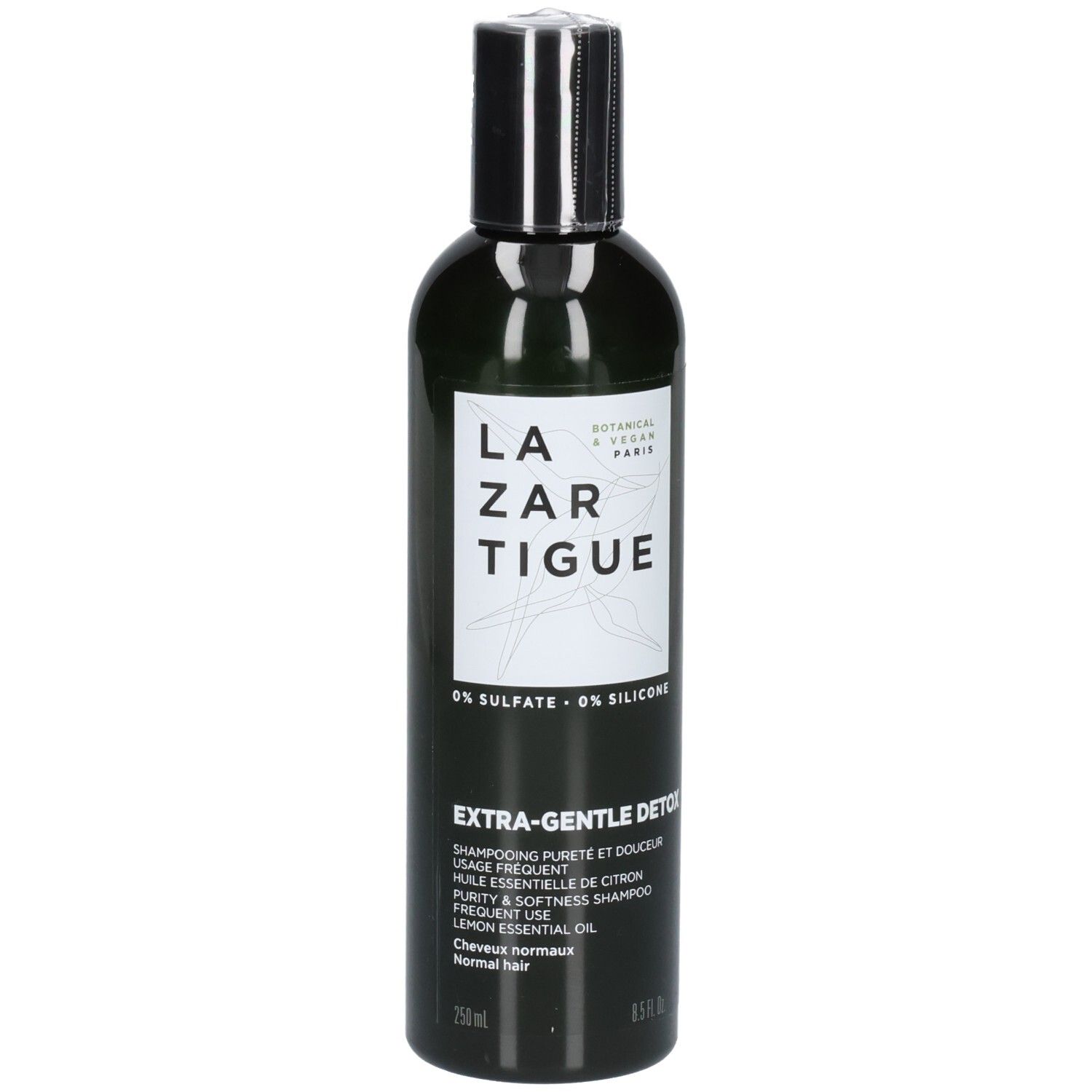 Donkere fles met wit etiket, Lazartigue Extra-Gentle Detox Shampoo, 250ml.