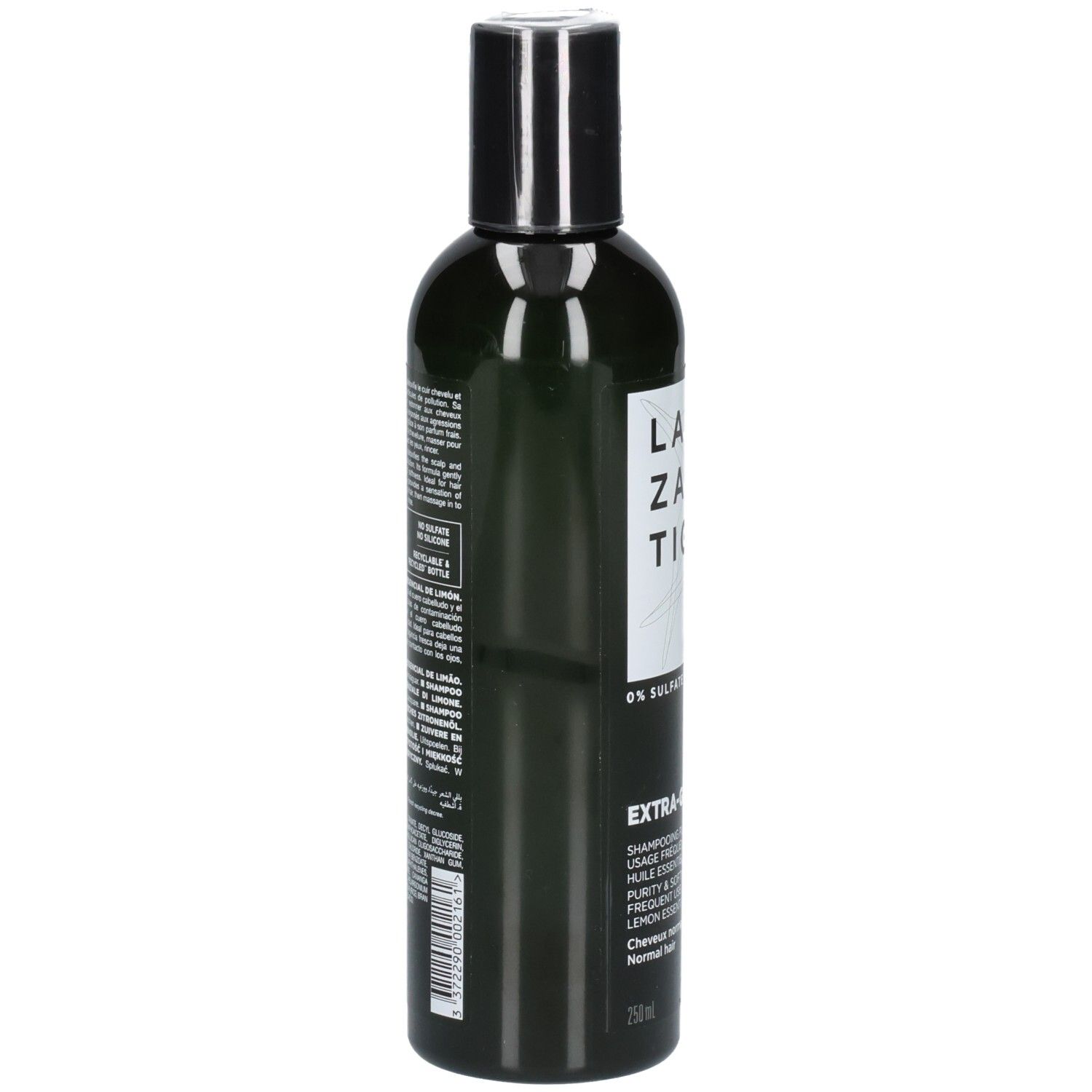 Zijaanzicht van een donkere fles met wit etiket, Lazartigue Extra-Gentle Detox Shampoo.