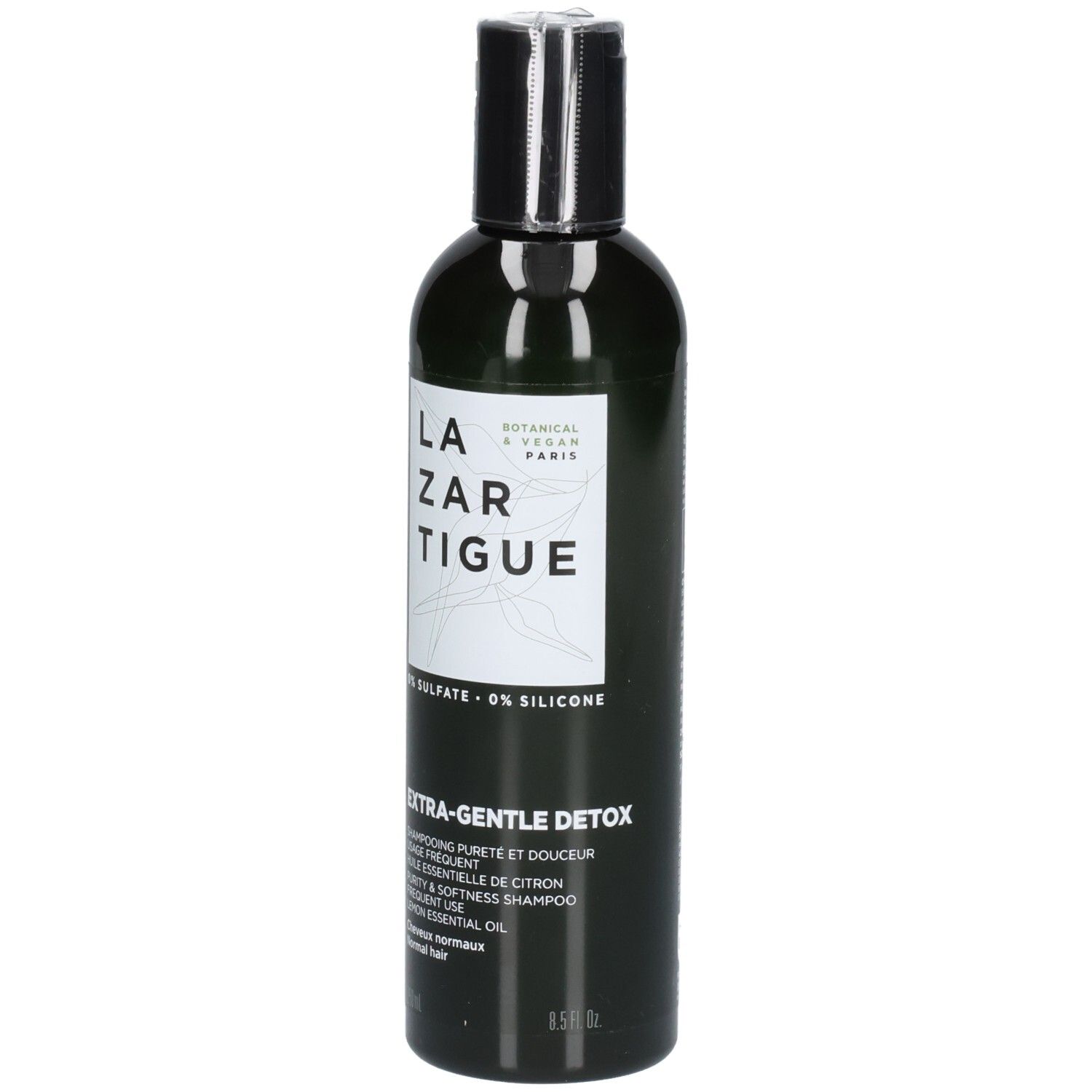 Donkere fles met wit etiket, Lazartigue Extra-Gentle Detox Shampoo, 250ml.