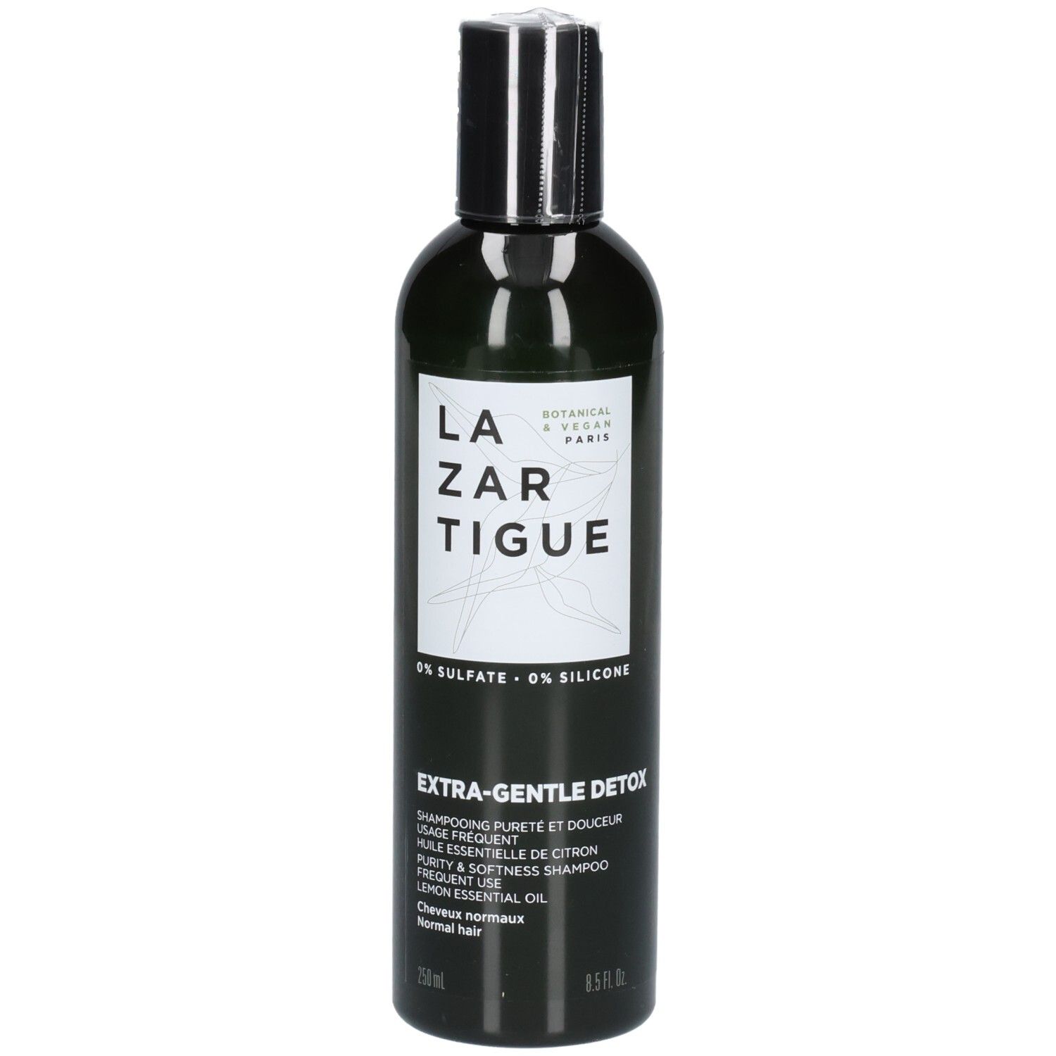 Donkere fles met wit etiket, Lazartigue Extra-Gentle Detox Shampoo, 250ml.