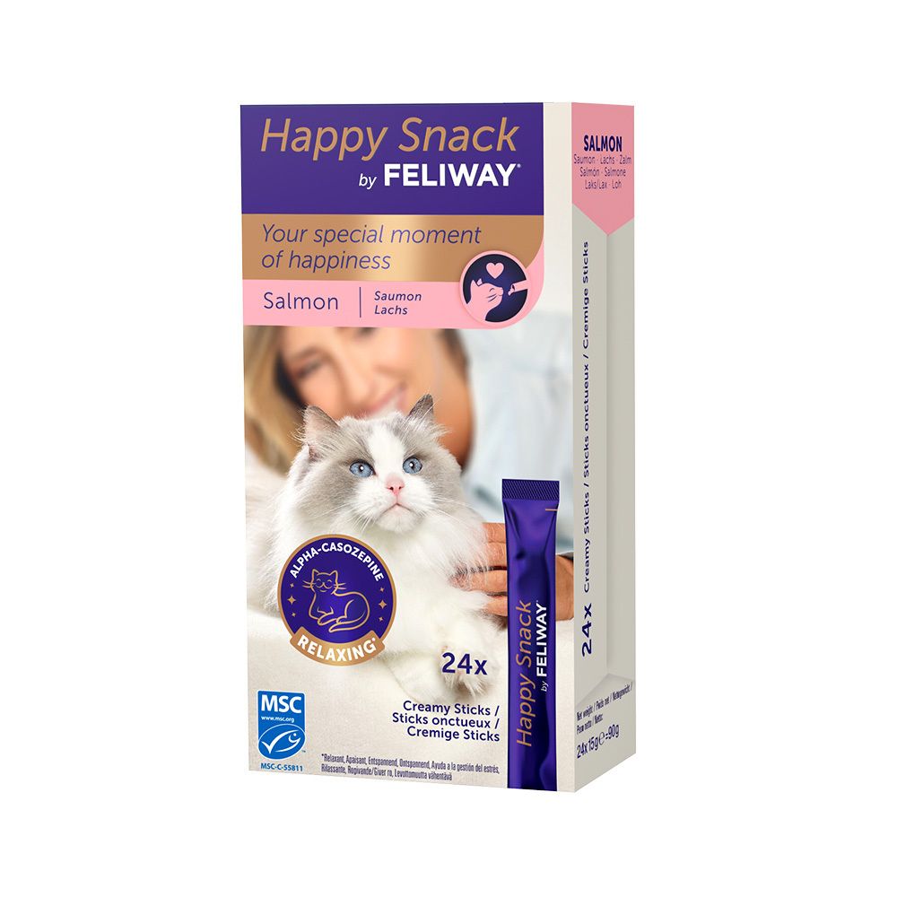 Happy Snack by Feliway verpakking. Tekst: Happy Snack, Zalm, 24x, Alpha-casozepine, ontspannend. MSC-keurmerk. Enkele stick zichtbaar.