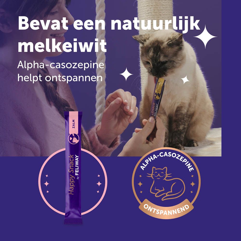 Happy Snack by Feliway, 24 zalm sticks. Verpakking met kat en vrouw. MSC-certificering.