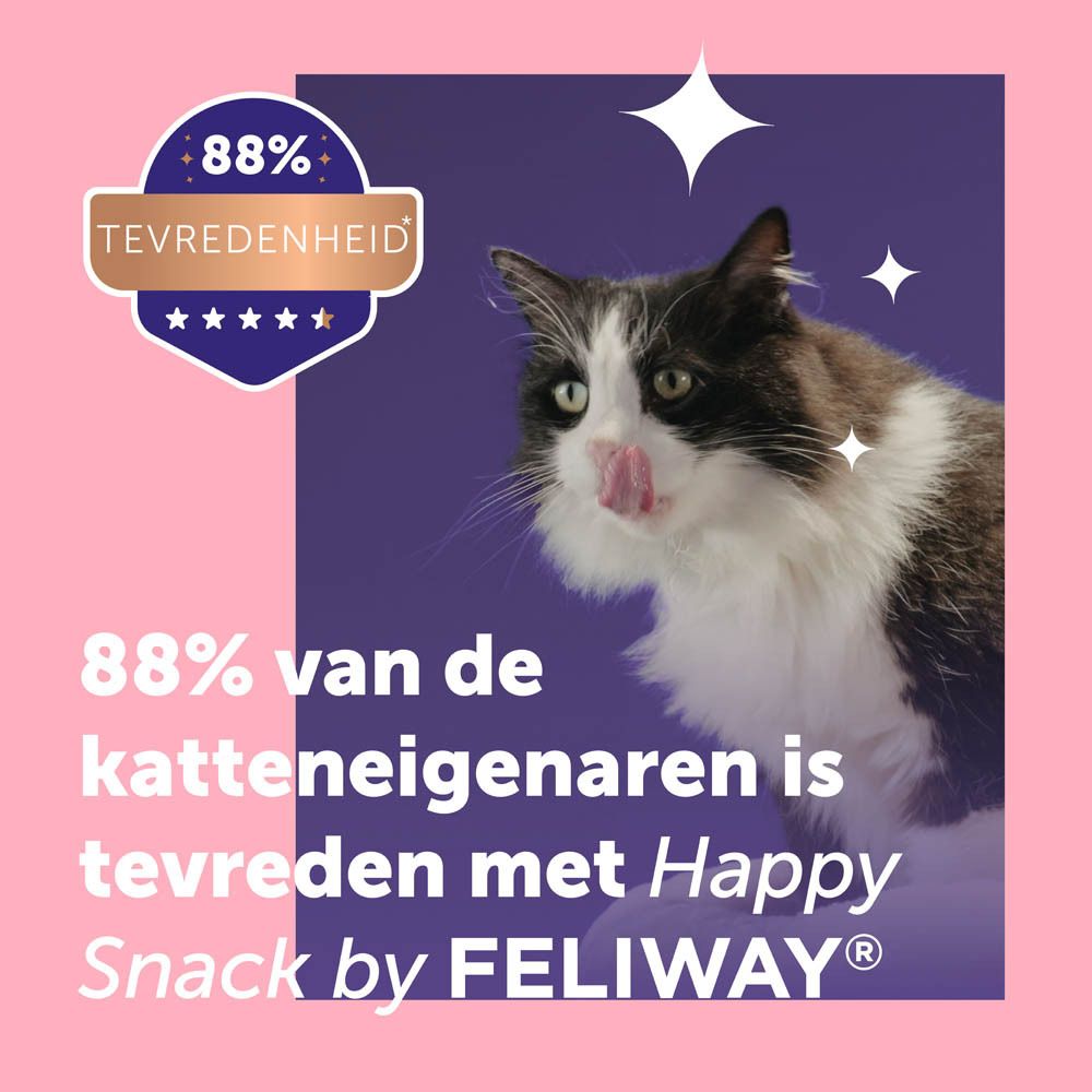 Happy Snack by Feliway, 24 zalm sticks. Verpakking met kat en vrouw. MSC-certificering.