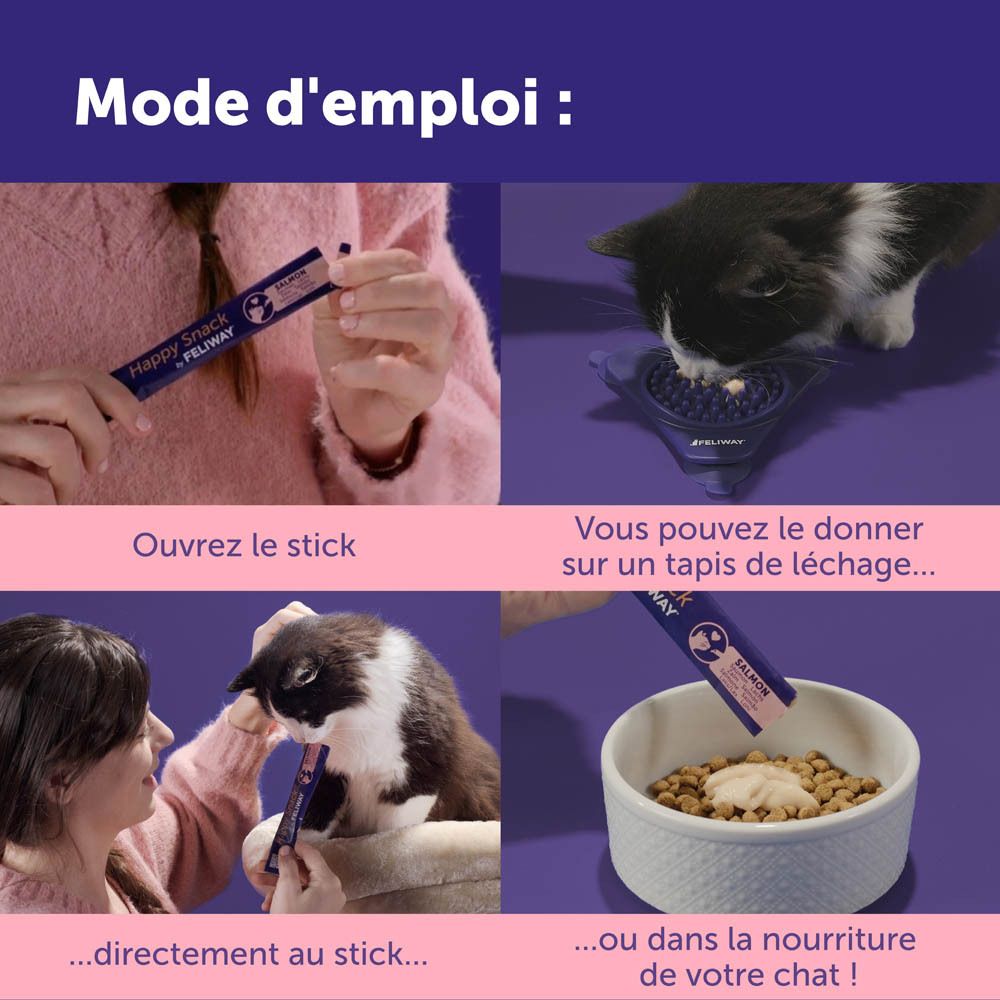 Utilisation de Happy Snack. Stick ouvert, sur tapis à lécher, direct ou dans la nourriture.