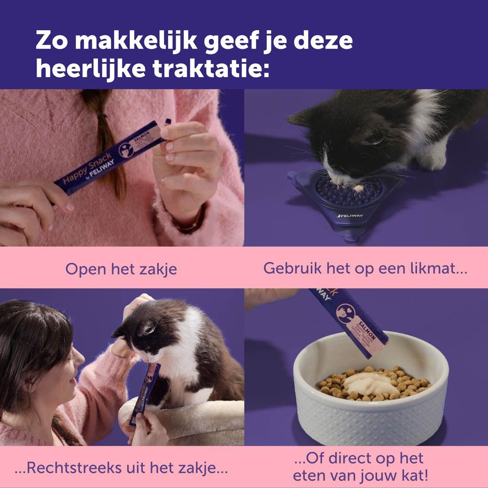 Instructies voor Happy Snack. Openen, direct of in het voer geven.