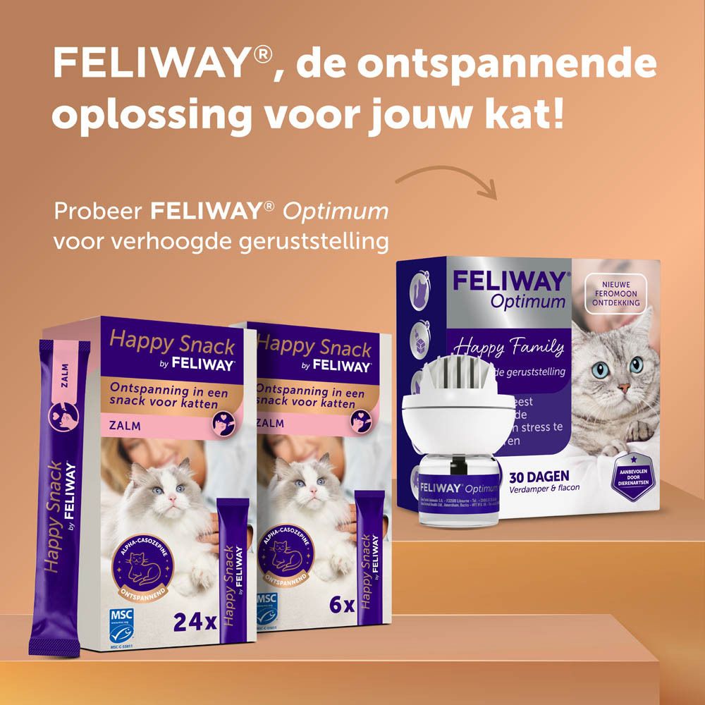 Producten van Feliway. Happy Snack, 24 sticks, en Feliway Optimum.