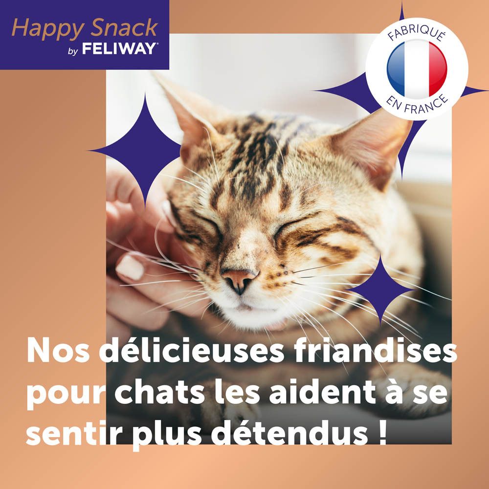 Chat caressé. Texte: Nos délicieuses friandises pour chats les aident à se sentir plus détendus!