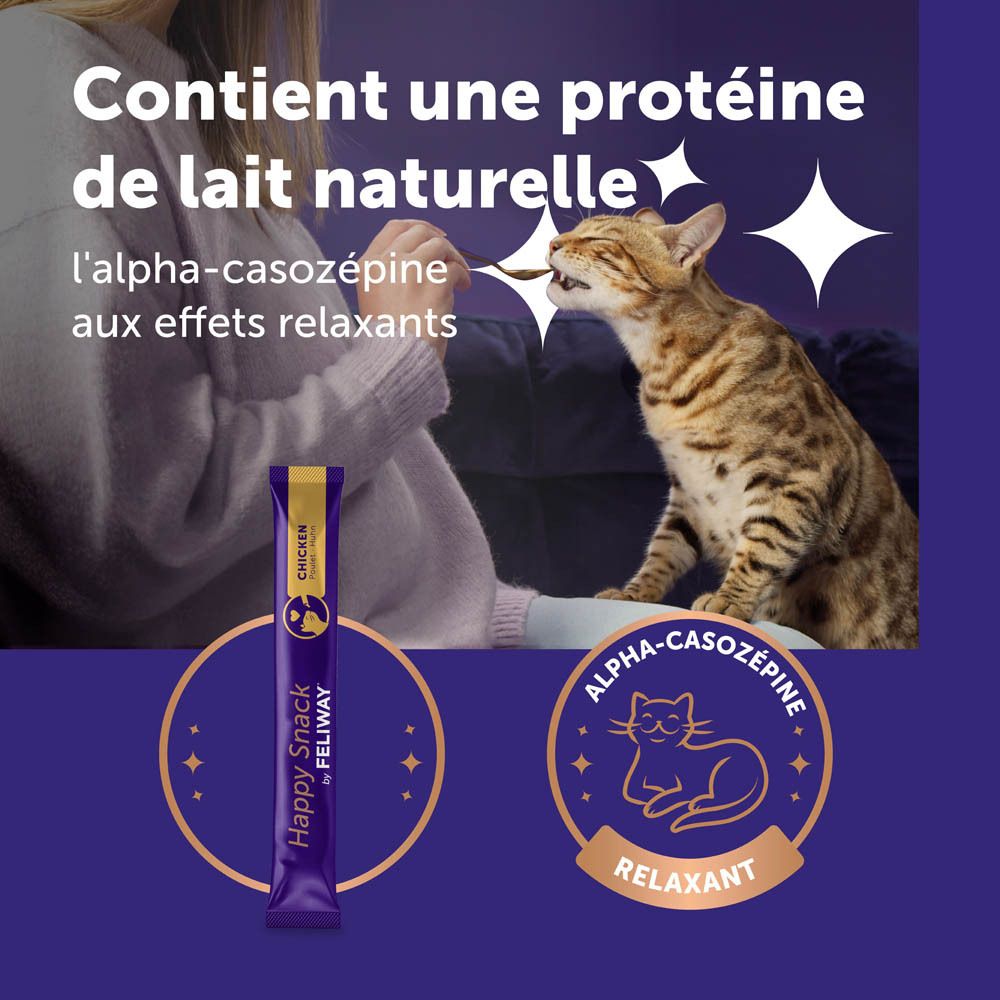 Produit Happy Snack by Feliway. Texte: Contient une protéine de lait naturelle, alpha-casozépine.