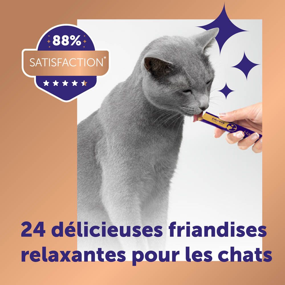 Chat reçoit Happy Snack by Feliway. Texte: 88% de satisfaction. 24 friandises relaxantes.