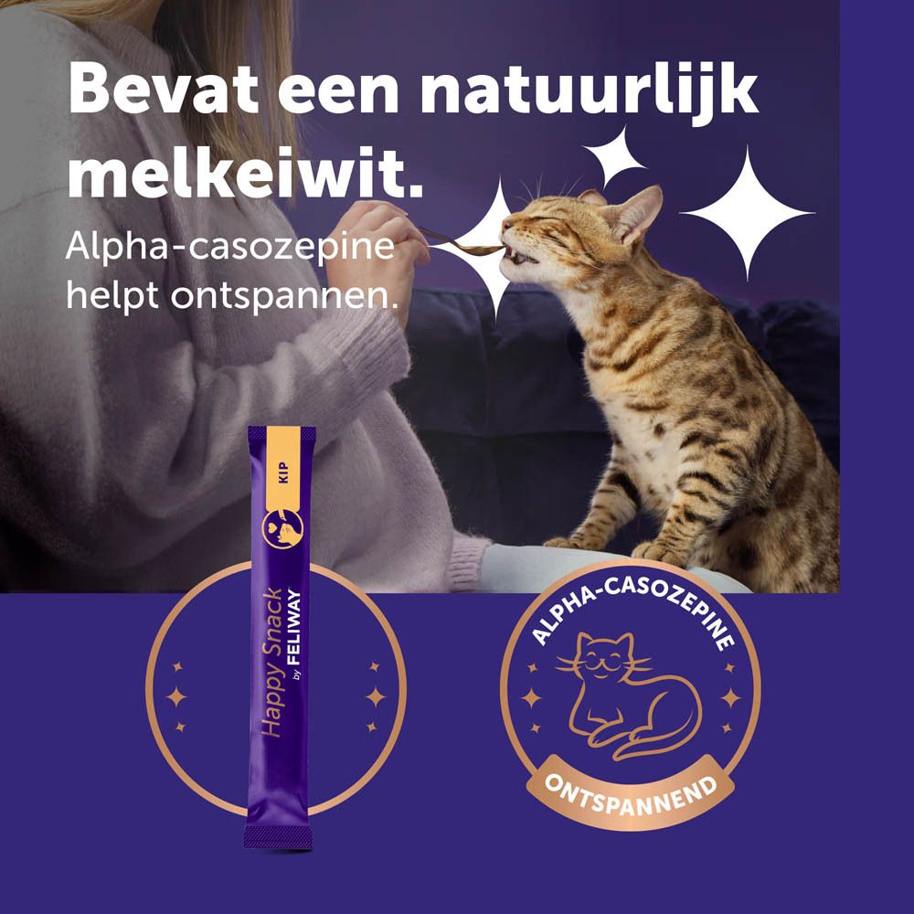 Product Happy Snack by Feliway. Tekst: Bevat een natuurlijk melkeiwit. Alpha-casozepine.
