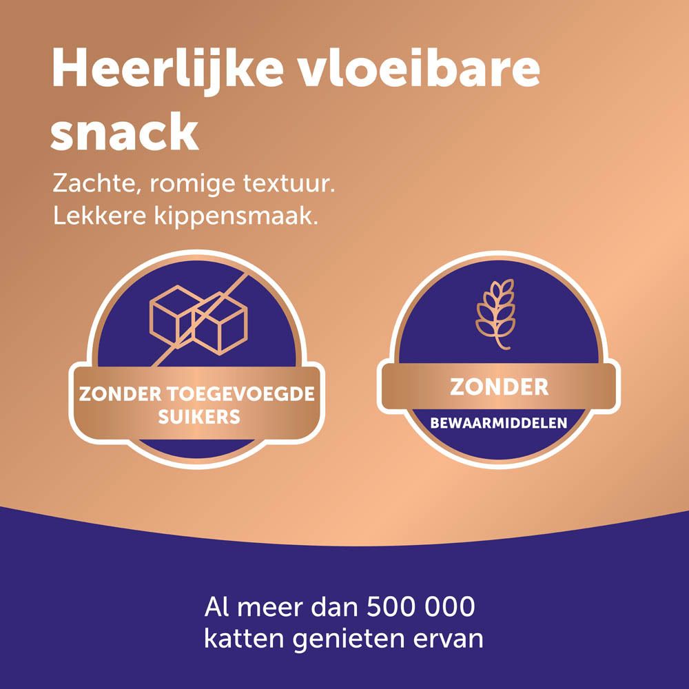 Tekst: Heerlijke vloeibare snack. Zachte, romige textuur. Lekkere kippensmaak.