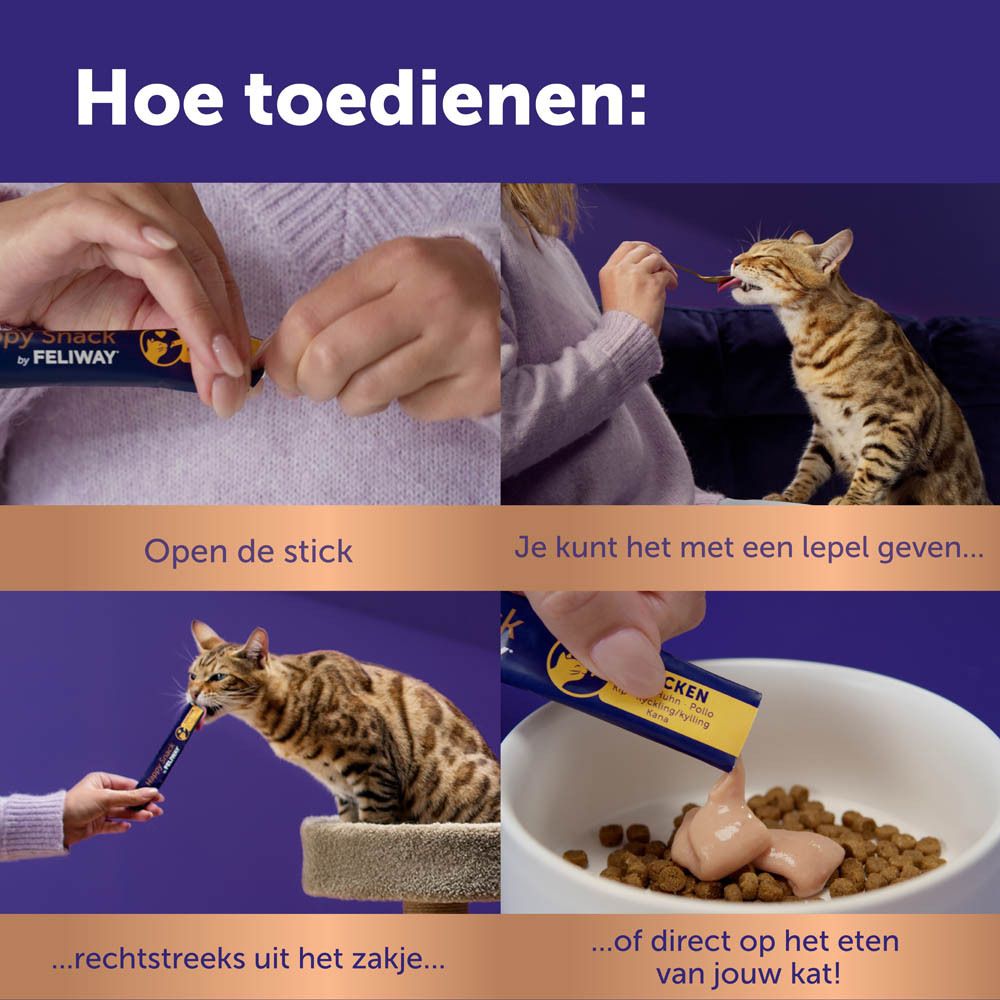 Gebruik van Happy Snack by Feliway. Openen, direct of in het voer geven.
