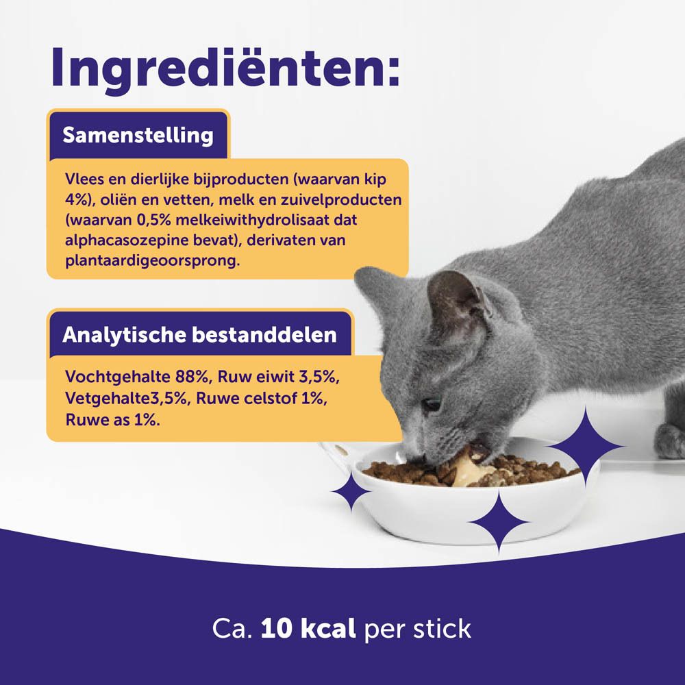 Kat wordt geaaid. Tekst: Een snack geliefd door katten en hun baasjes! 86%.
