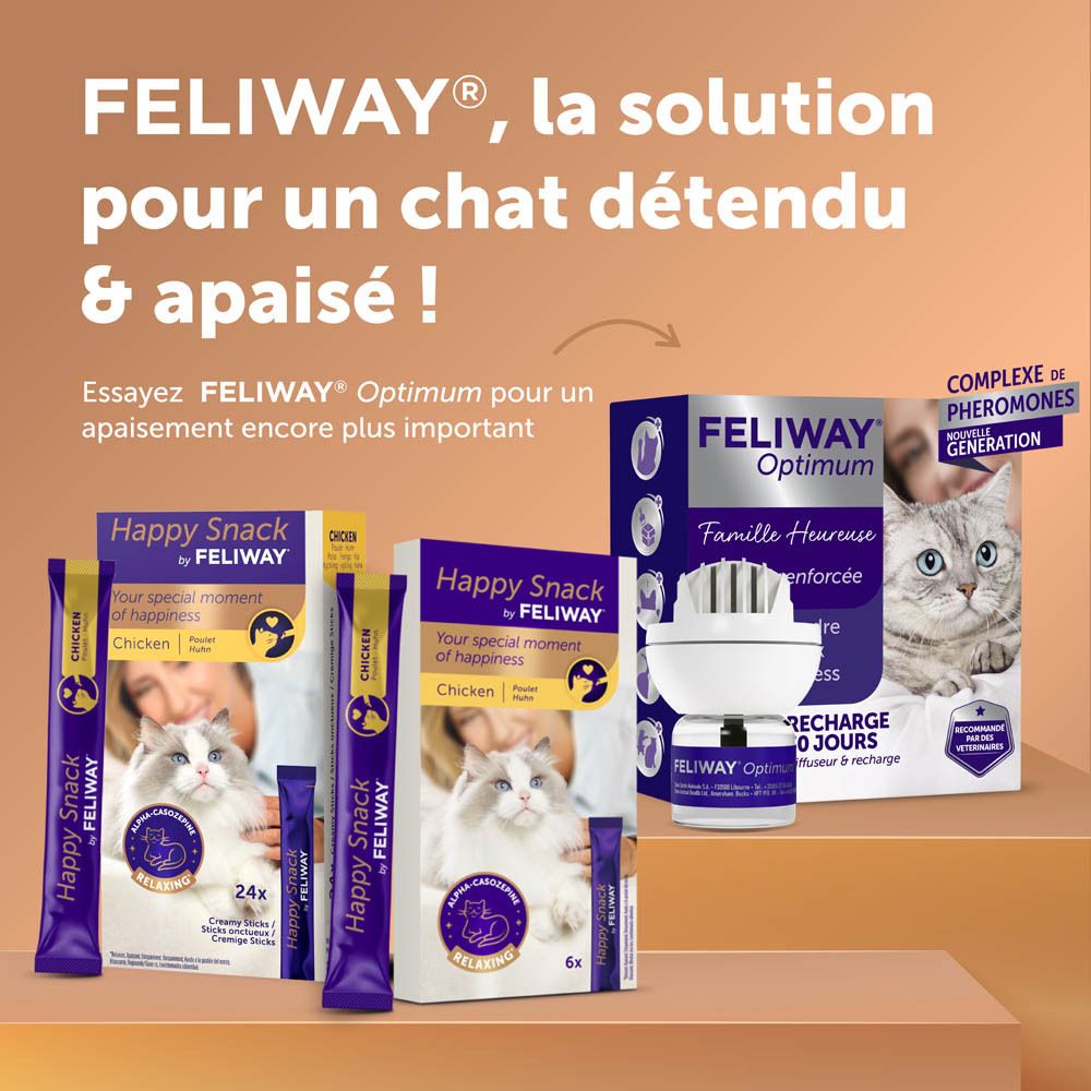 Produits Feliway. Happy Snack, Optimum, diffuseur. Texte: Feliway, la solution pour un chat détendu.