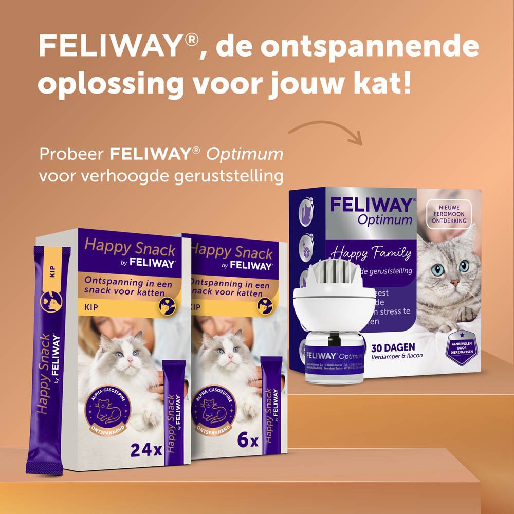 Feliway producten. Happy Snack, Optimum, diffuser. Tekst: Feliway, de ontspannende oplossing.