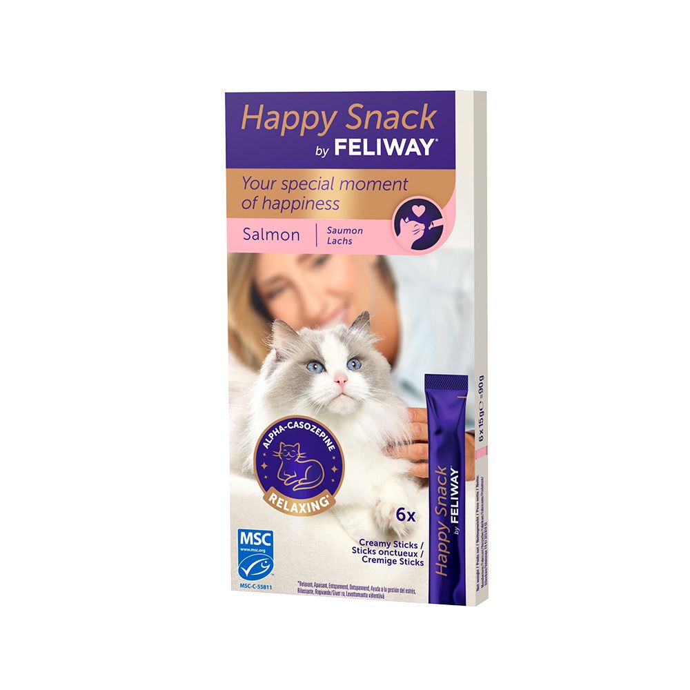Verpakking Happy Snack by Feliway. Bevat 6 sticks. Opschrift: Zalm, Alpha-casozepine, ontspannend.