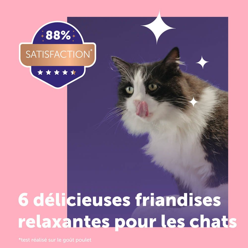6 friandises relaxantes pour chats. 88% de satisfaction. Fond rose.