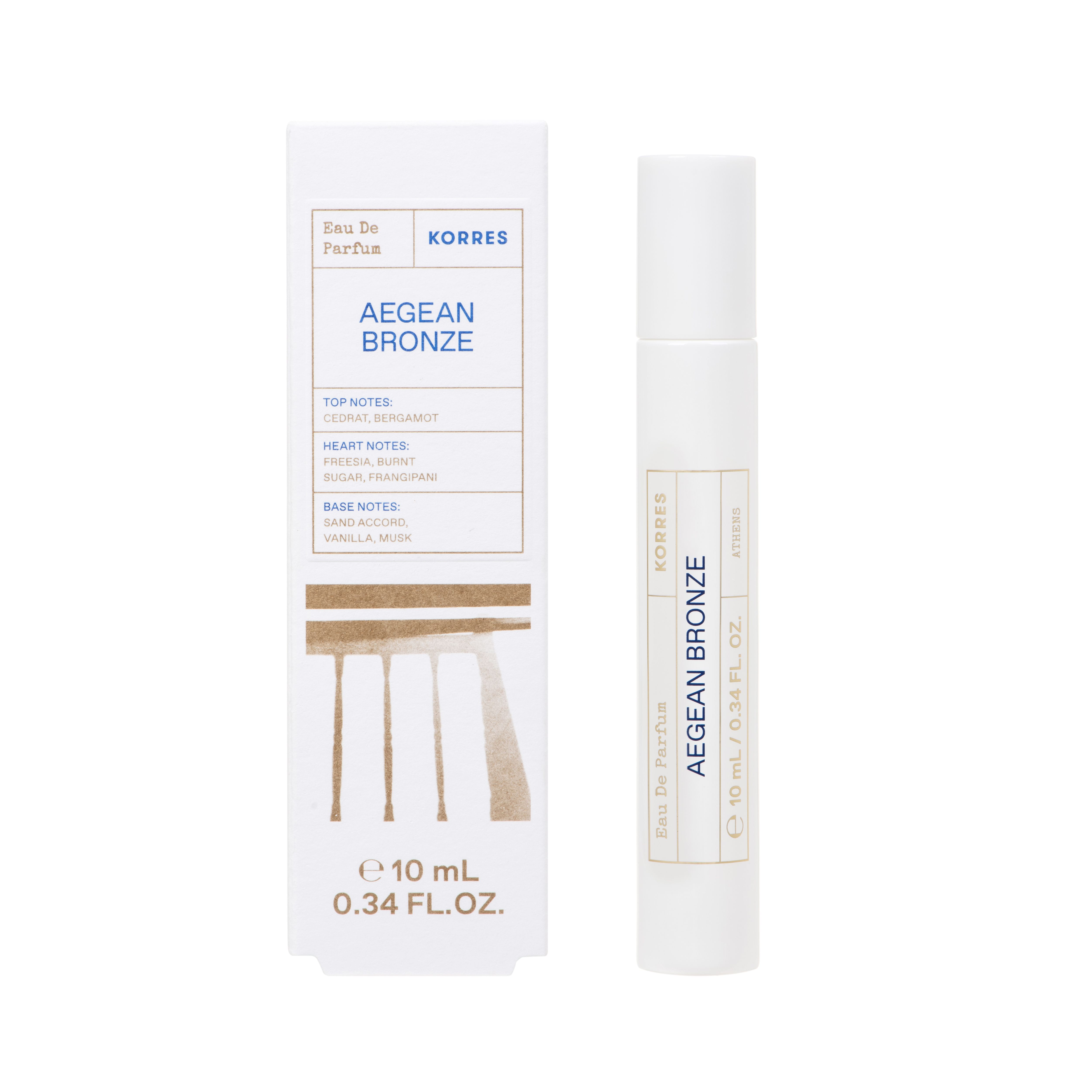 Korres Aegean Bronze Eau de Parfum Roll-On. Witte verpakking en fles. Tekst: Aegean Bronze, 10 ml, 0.34 FL. OZ.