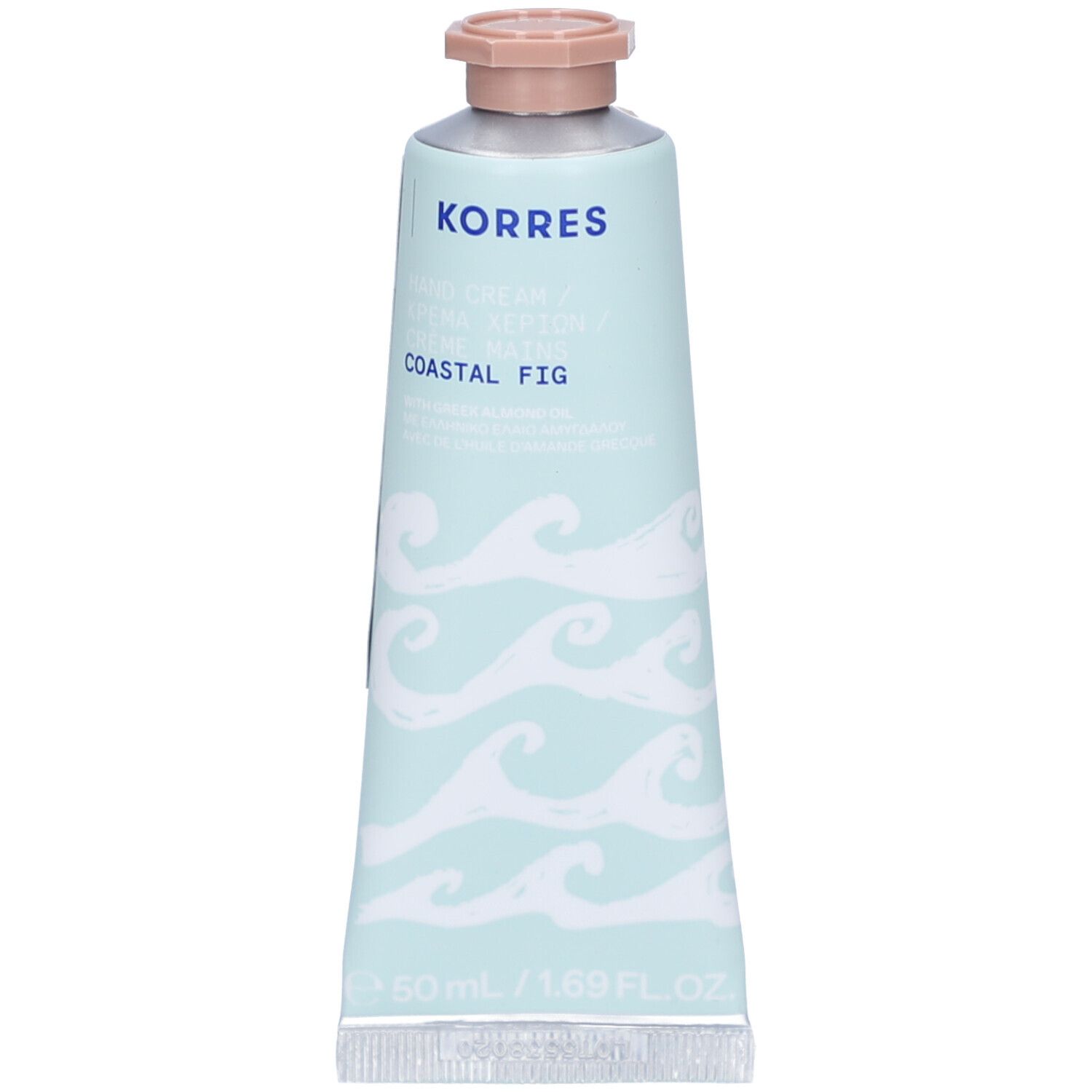Tube vert clair, bouchon rose. Inscription: Korres, Coastal Fig. Motif vagues. Contenance: 50 ml.
