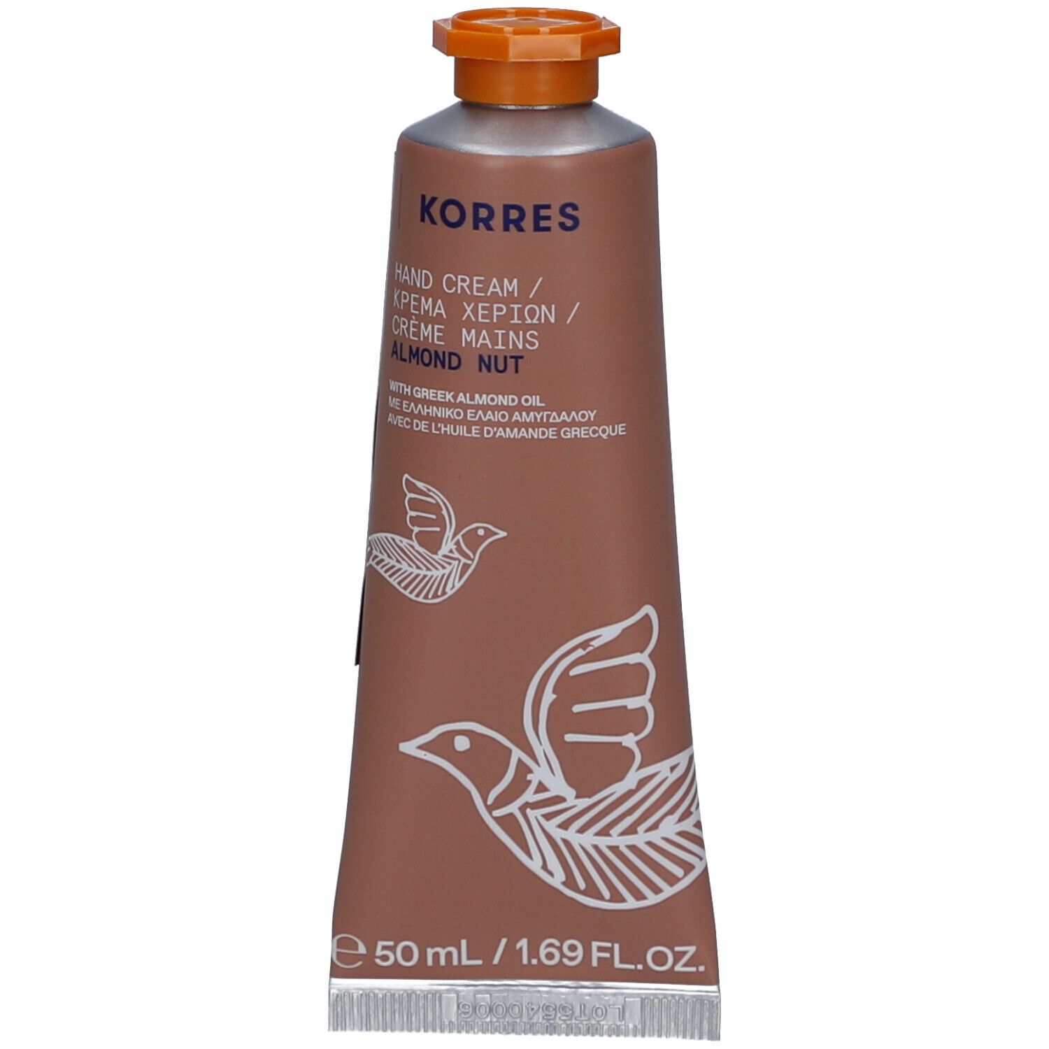 Bruine tube met oranje dop. Opschrift: Korres Hand Cream, Almond Nut. Twee vogel illustraties.