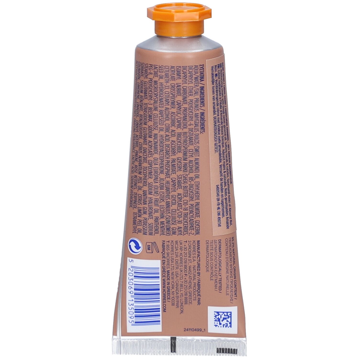 Achterkant van een bruine tube. Tekst met ingrediënten en barcode. Oranje dop.