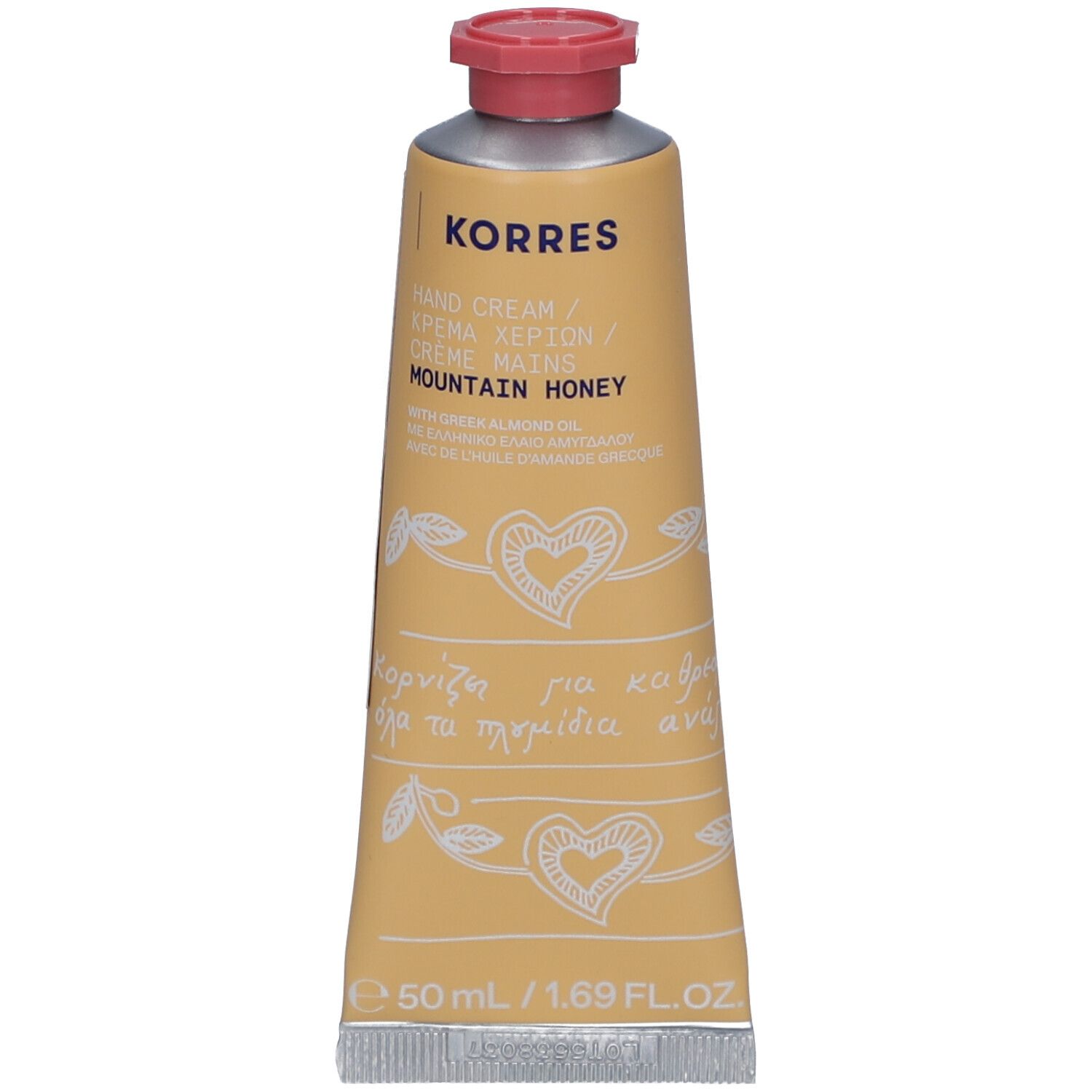 Beige tube met rode dop. Opschrift: KORRES, Hand Cream, Mountain Honey. Versierd met harten en bladeren. 50 ml.
