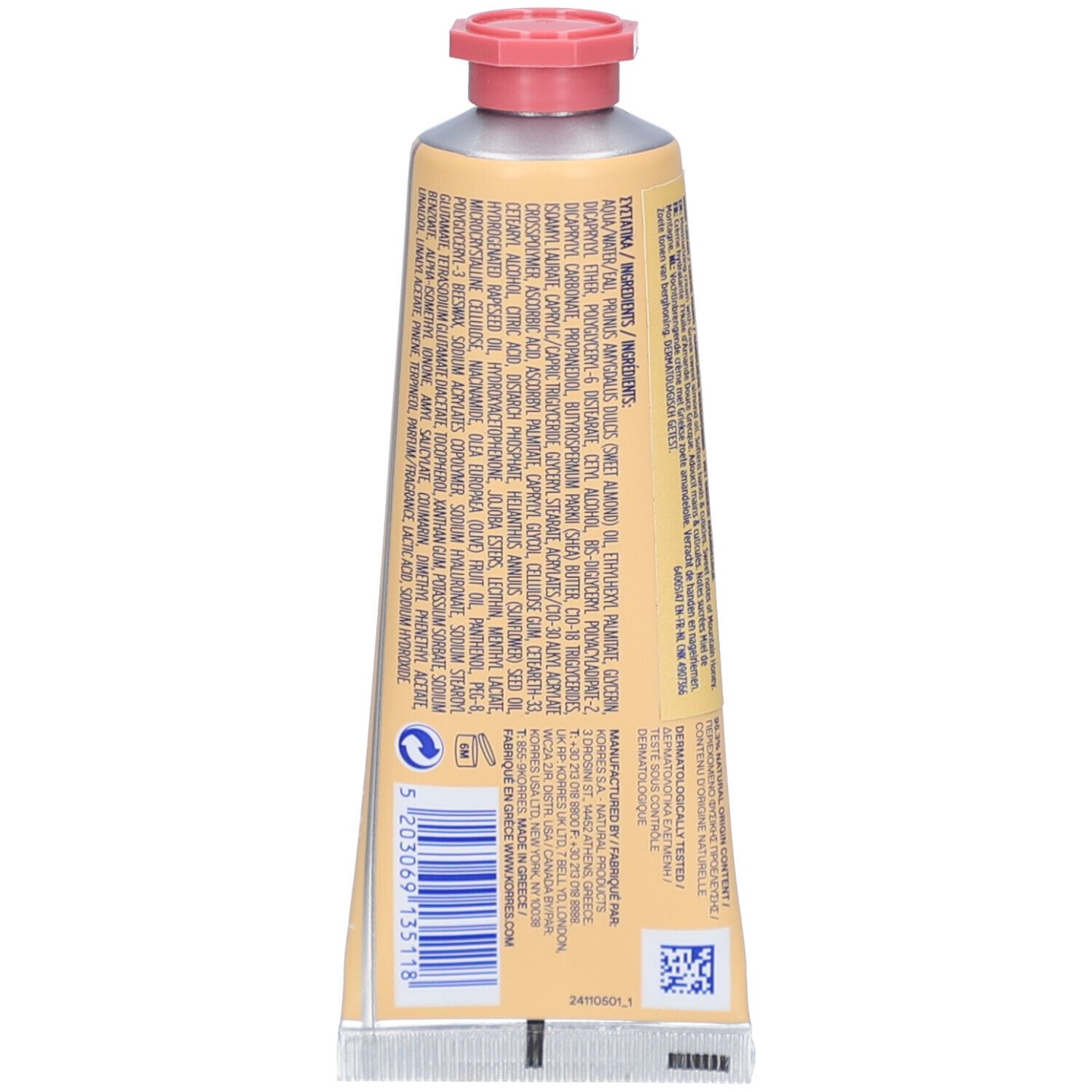Achterkant van de tube. Bevat ingrediënten en barcode. Beige tube met rode dop. Opschrift: KORRES.