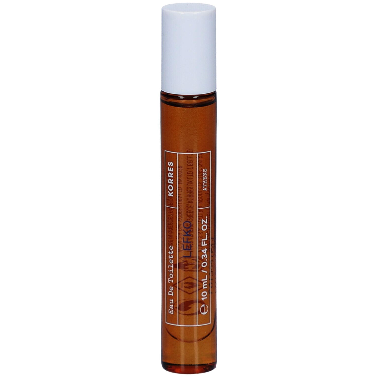 Roll-on flesje met bruine vloeistof en witte dop. Opschrift: Korres, Lefko, Eau de Toilette, 10 ml / 0.34 fl. oz.