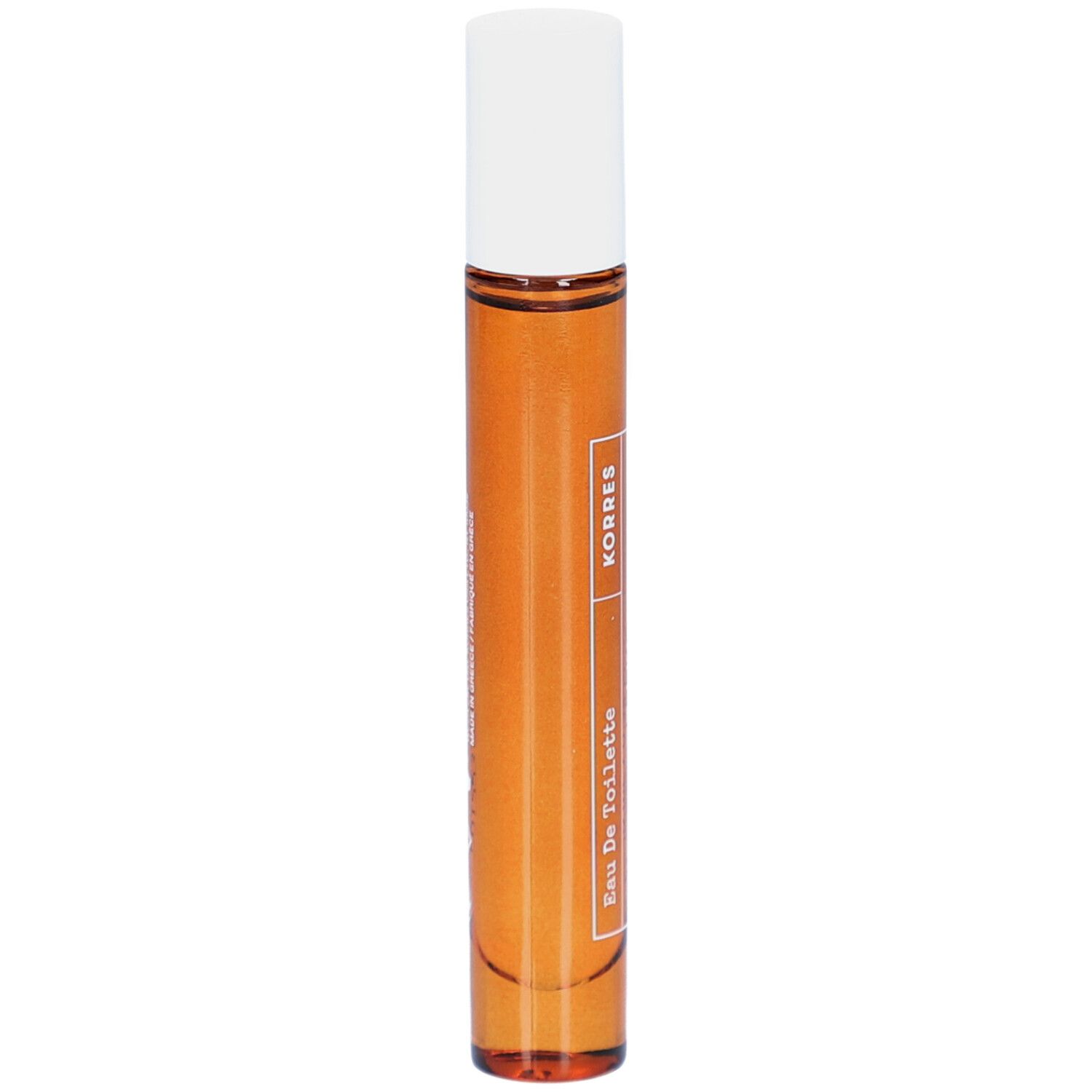 Roll-on flesje met bruine vloeistof en witte dop. Opschrift: Korres, Eau de Toilette.