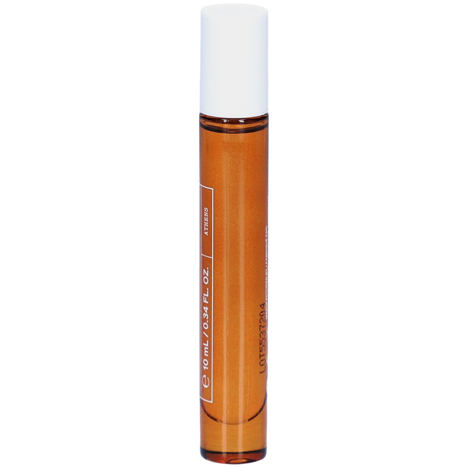 Roll-on flesje met bruine vloeistof en witte dop. Opschrift: Korres, Eau de Toilette, 10 ml / 0.34 fl. oz.