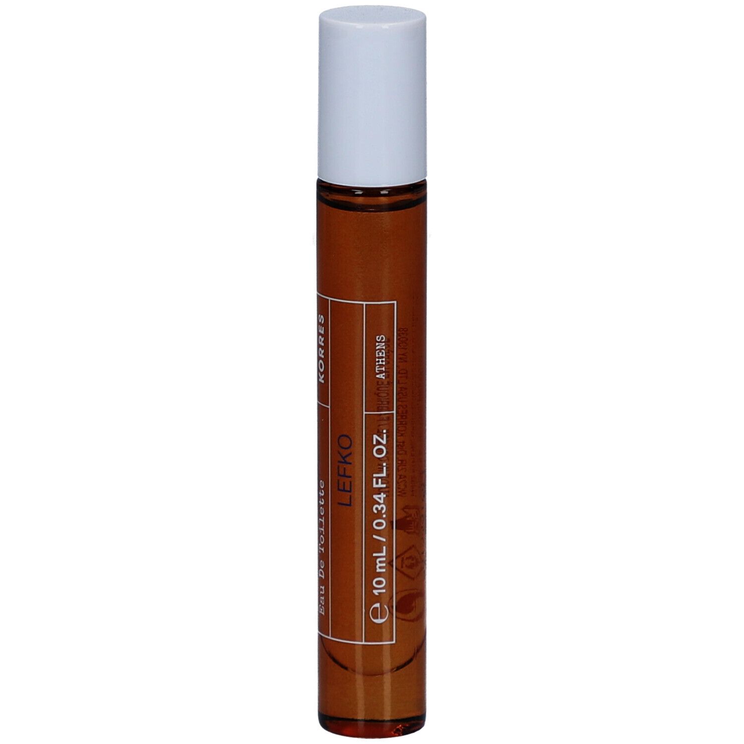 Roll-on flesje met bruine vloeistof en witte dop. Opschrift: Korres, Lefko, Eau de Toilette, 10 ml / 0.34 fl. oz.