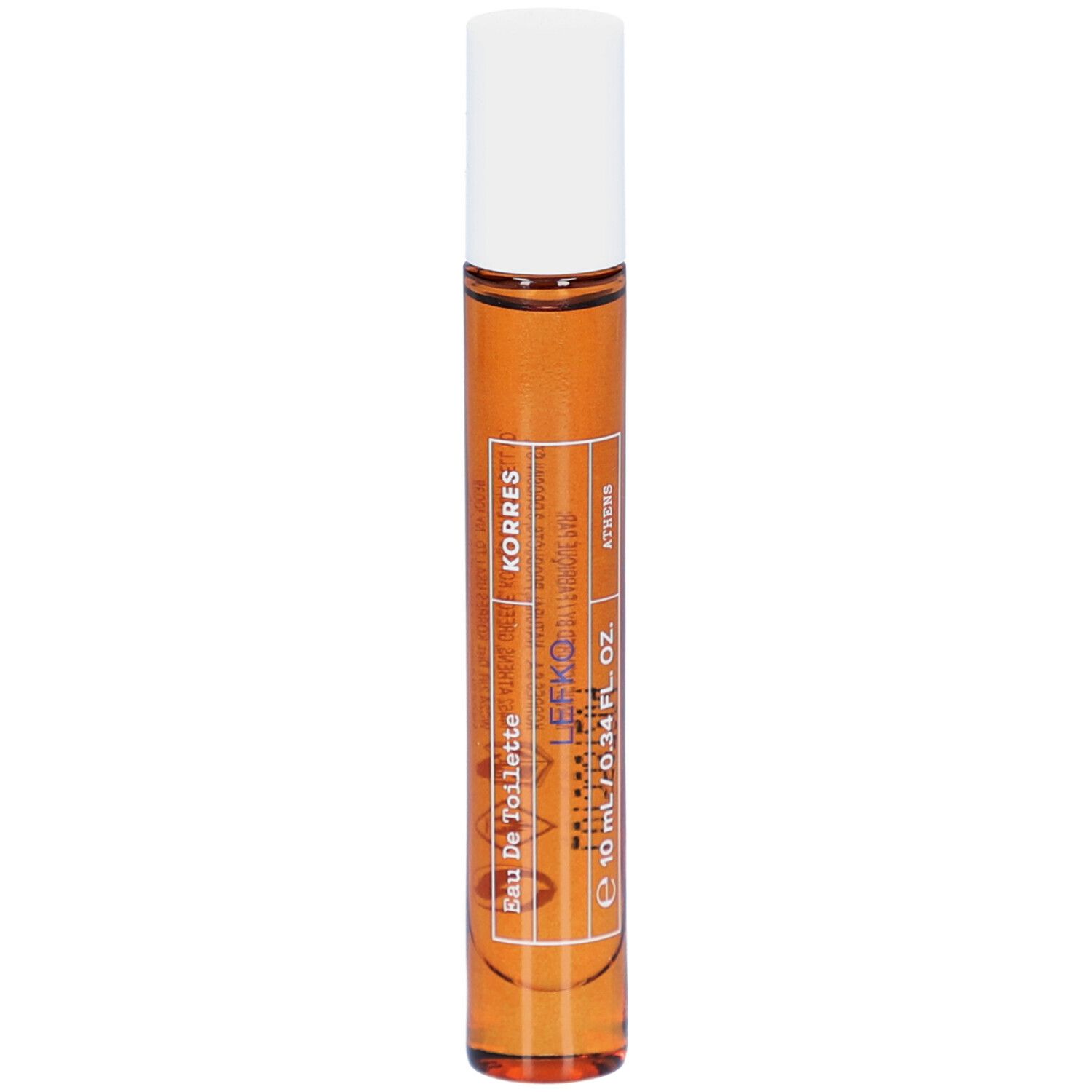 Roll-on flesje met bruine vloeistof en witte dop. Opschrift: Korres, Lefko, Eau de Toilette, 10 ml / 0.34 fl. oz.