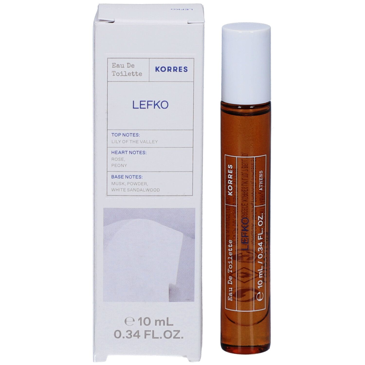 Roll-on flesje en verpakking. Verpakking met productnaam, ingrediënten en merk.