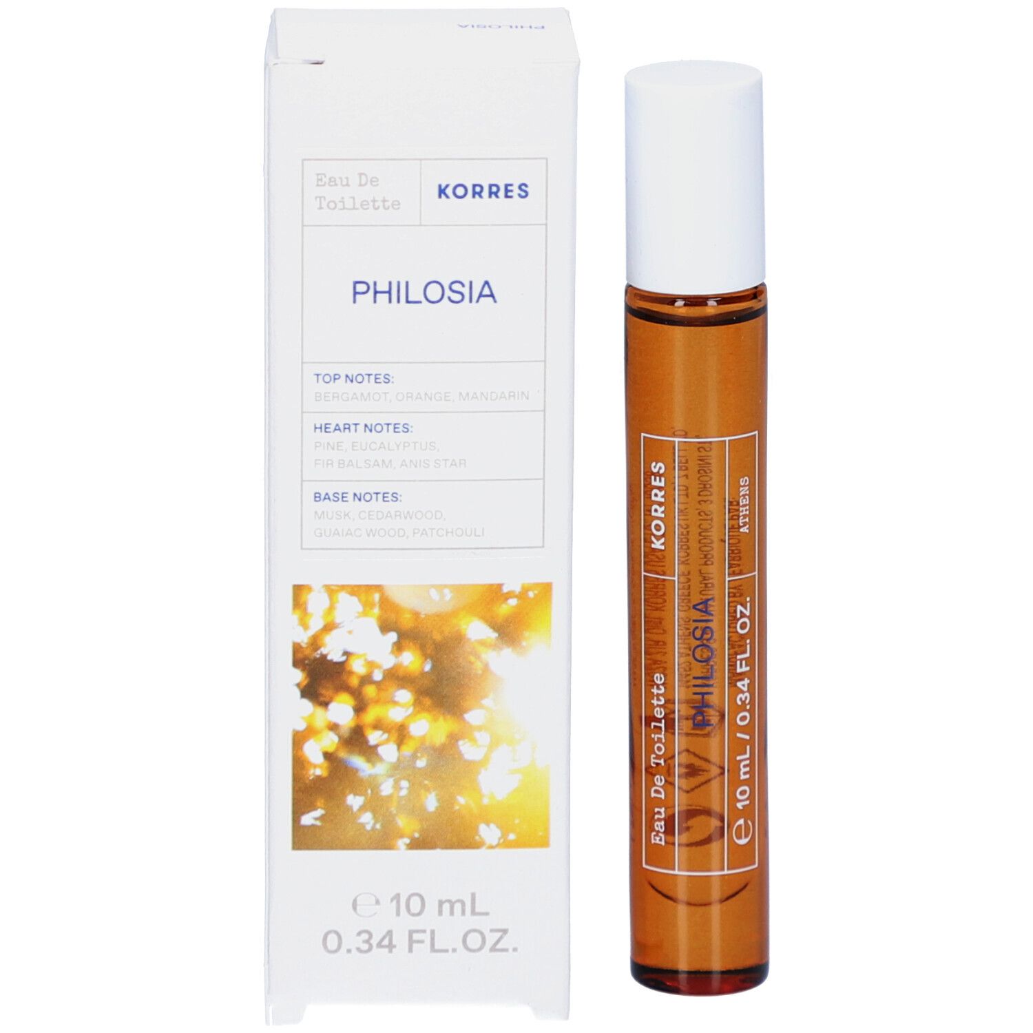Produit et emballage. Flacon roll-on et boîte. Texte: Philosia, Eau de Toilette, 10 ml.