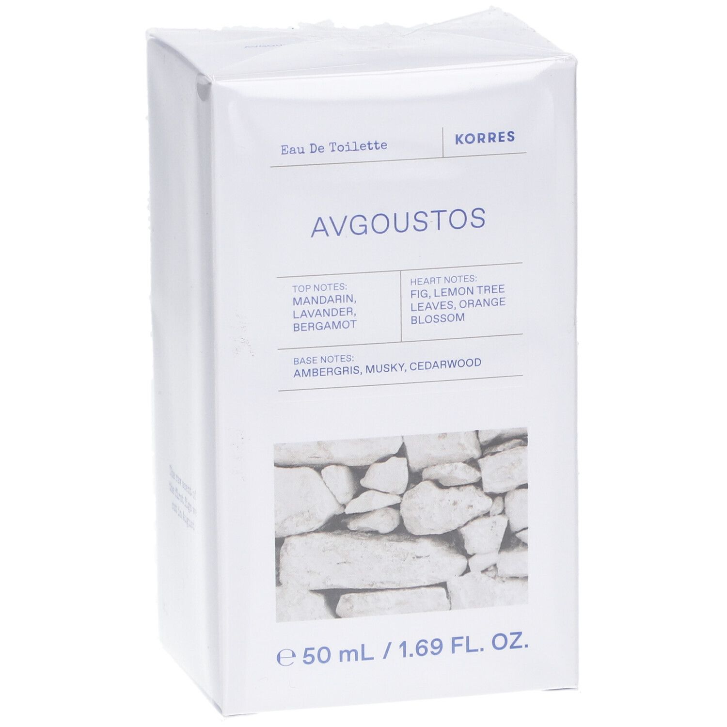 Boîte blanche avec informations produit. Texte: Eau de Toilette, KORRES, Avgoustos, notes de parfum, motif mur en pierre, 50 ml.