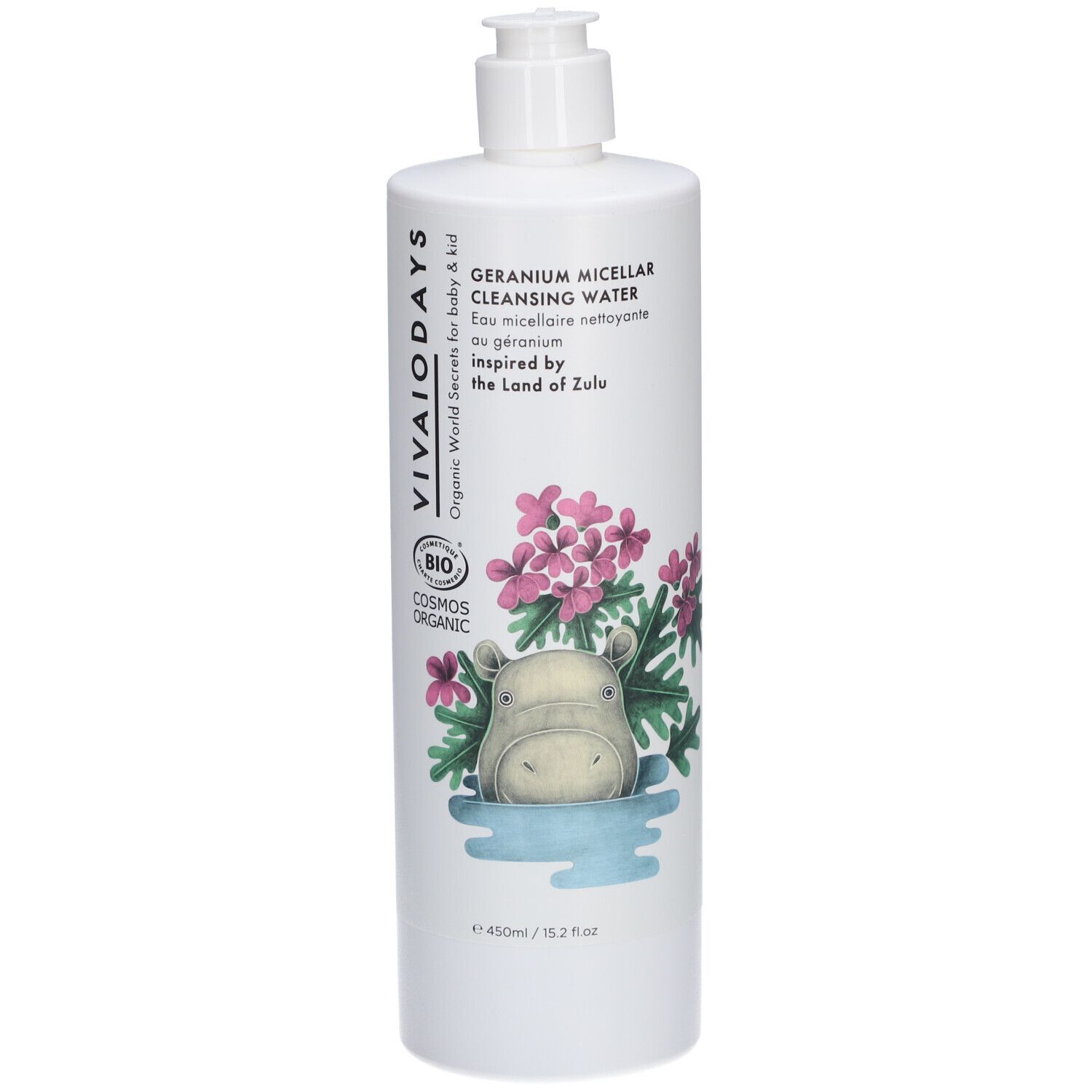 Witte fles met pomp. Opschrift: VIVAIODAYS, Geranium Micellar Cleansing Water. Bio-certificering en nijlpaard-illustratie.