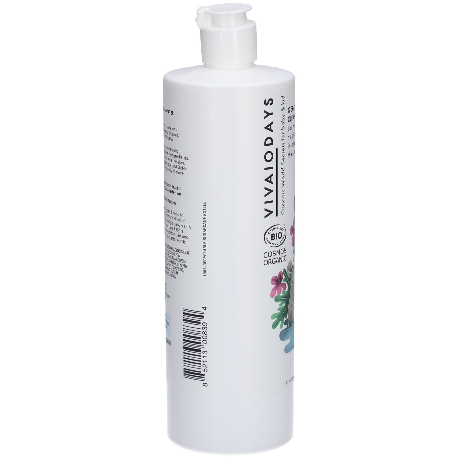 Achterkant van witte fles met pomp. Tekst: VIVAIODAYS, ingrediënten, recyclinglogo en barcode.