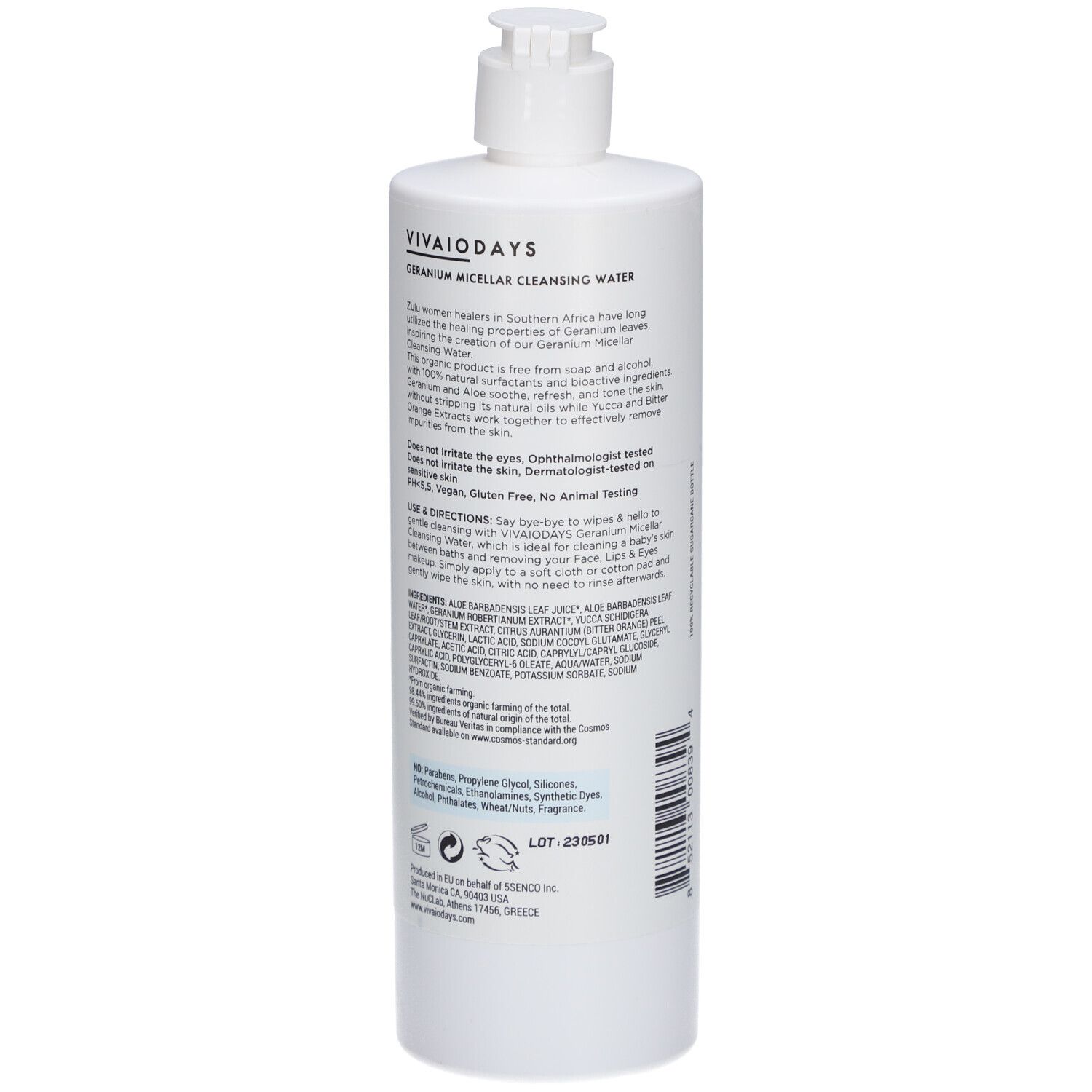 Achterkant van witte fles met pomp. Tekst: VIVAIODAYS, ingrediënten, gebruiksaanwijzing, certificeringen.