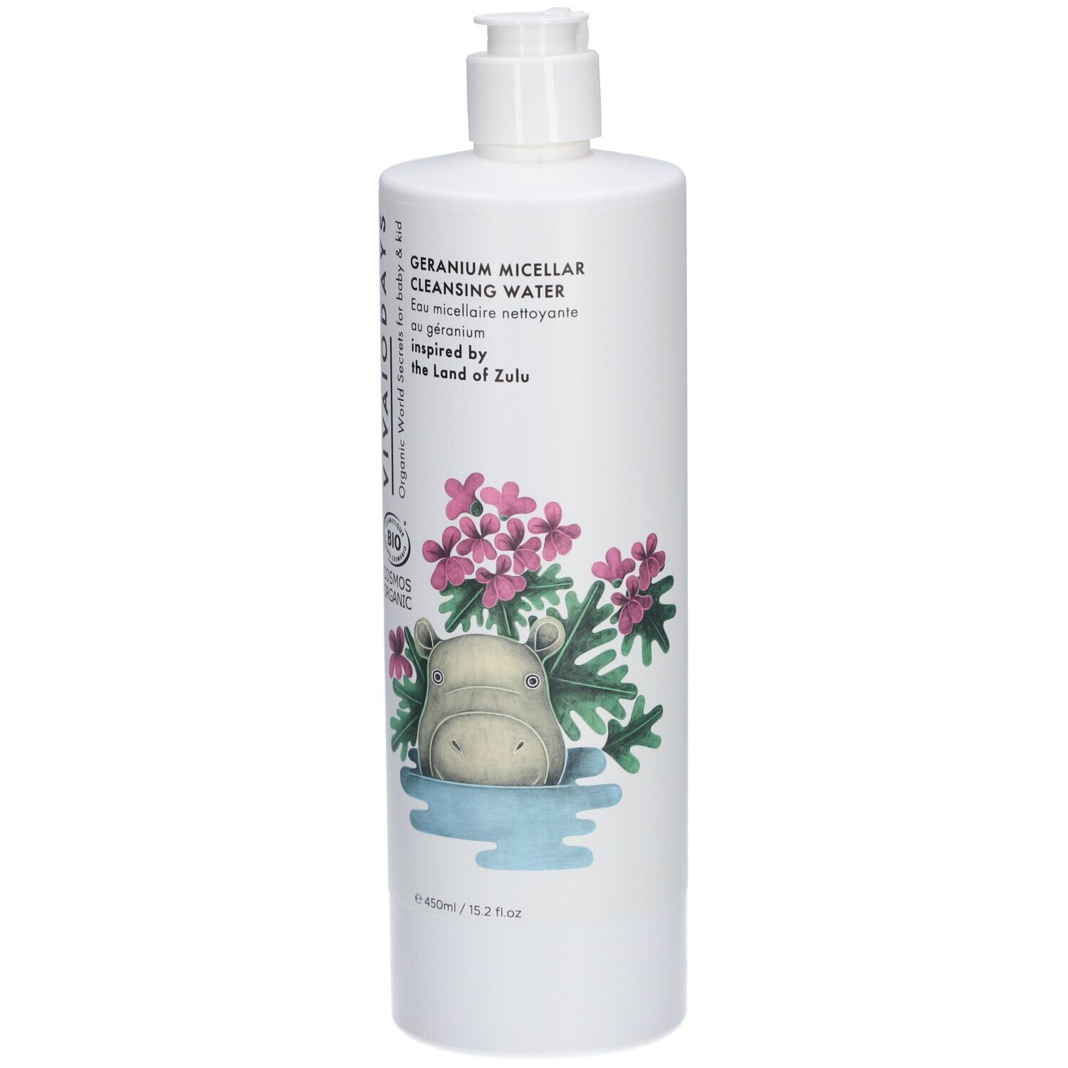 Witte fles met pomp. Opschrift: VIVAIODAYS, Geranium Micellar Cleansing Water. Bio-certificering en nijlpaard-illustratie.