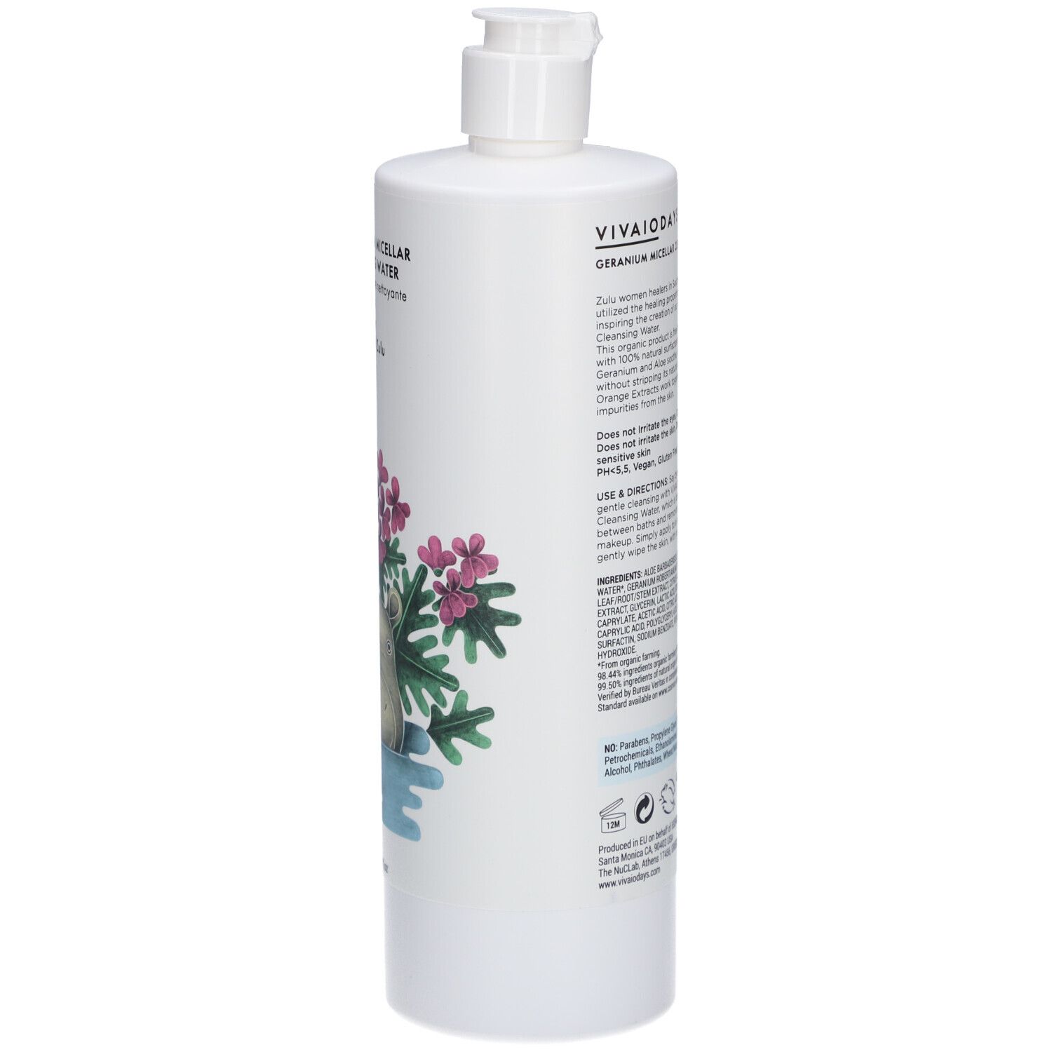 Achterkant van witte fles met pomp. Tekst: VIVAIODAYS, ingrediënten, gebruiksaanwijzing, certificeringen.