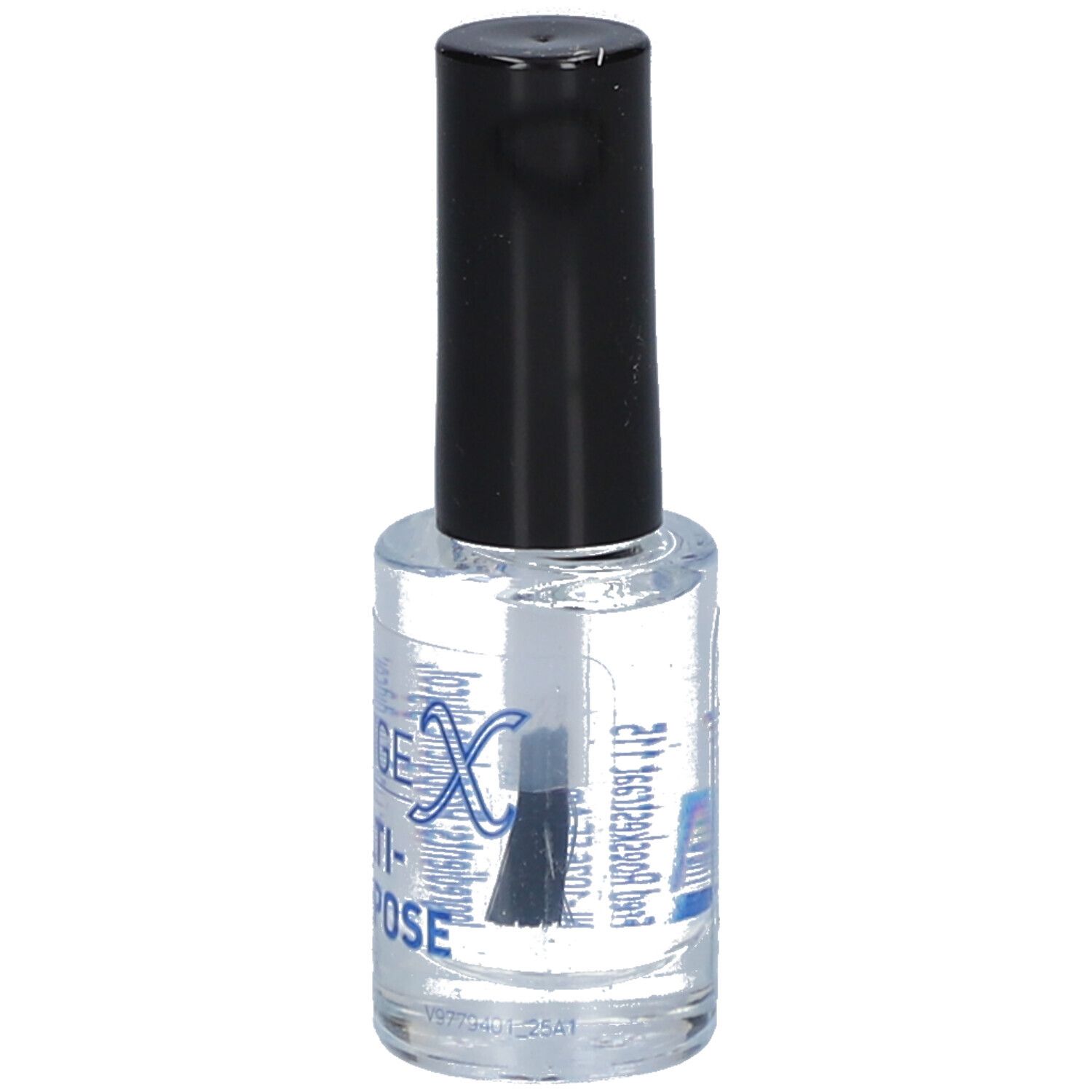 Flacon transparent avec bouchon noir et pinceau. Contient du liquide. Inscription : Multi-Purpose.