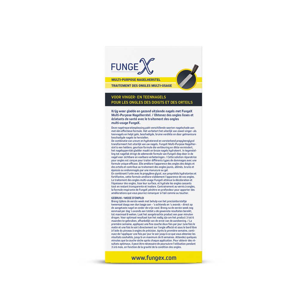 Achterkant van de productverpakking. Opschrift: Fungex Multi-Purpose Nagelherstel. Bevat informatie.