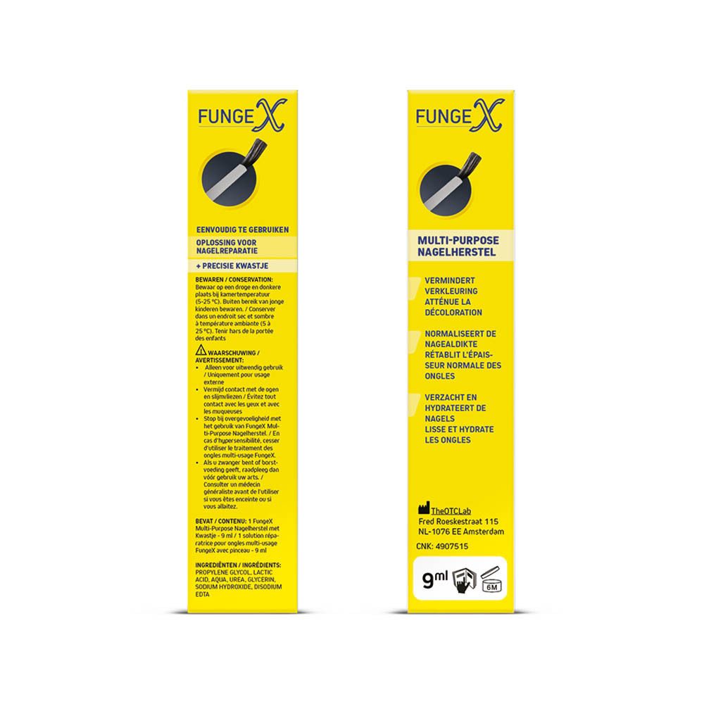 Achterkant van de productverpakking. Opschrift: Fungex Multi-Purpose Nagelherstel. Bevat informatie.