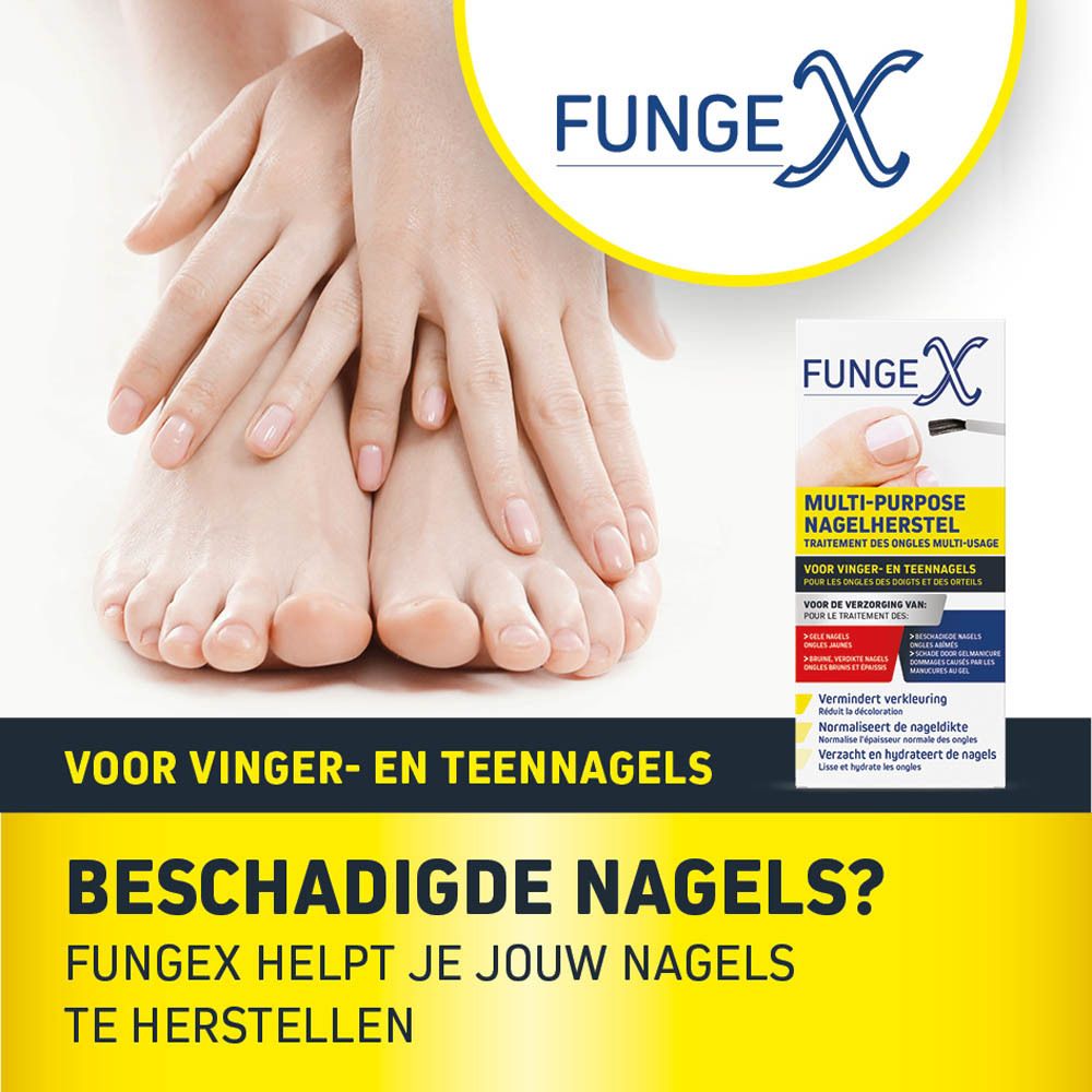 Productverpakking met product en borstel. Opschrift: Fungex Multi-Purpose Nagelherstel. Bevat informatie.