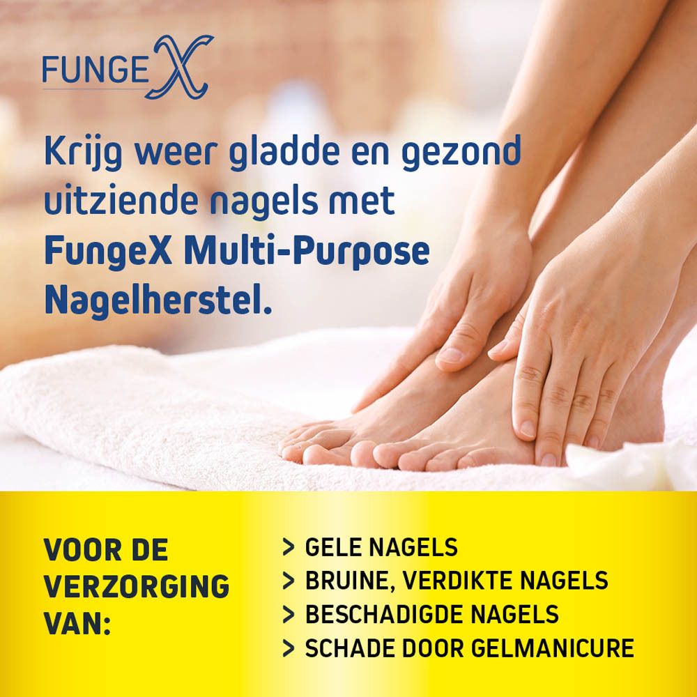 Productverpakking met product en borstel. Opschrift: Fungex Multi-Purpose Nagelherstel. Bevat informatie.