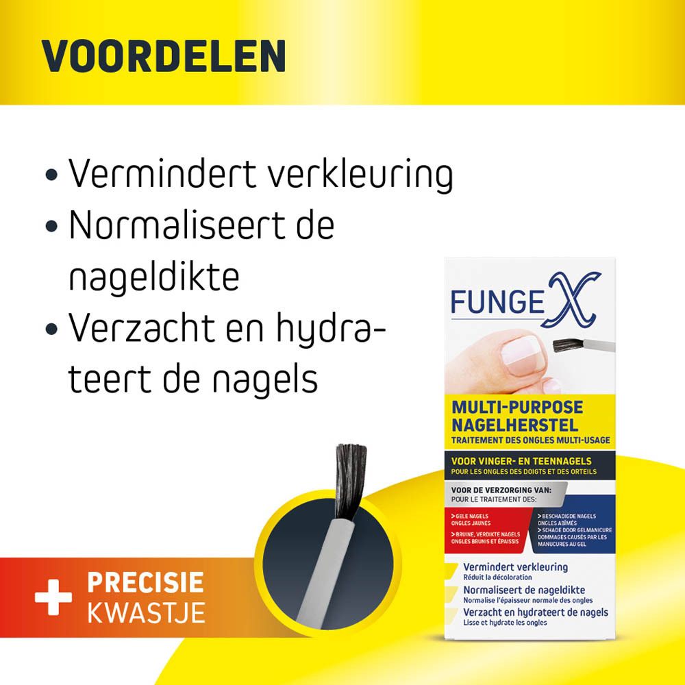 Productverpakking met product en borstel. Opschrift: Fungex Multi-Purpose Nagelherstel. Bevat informatie.