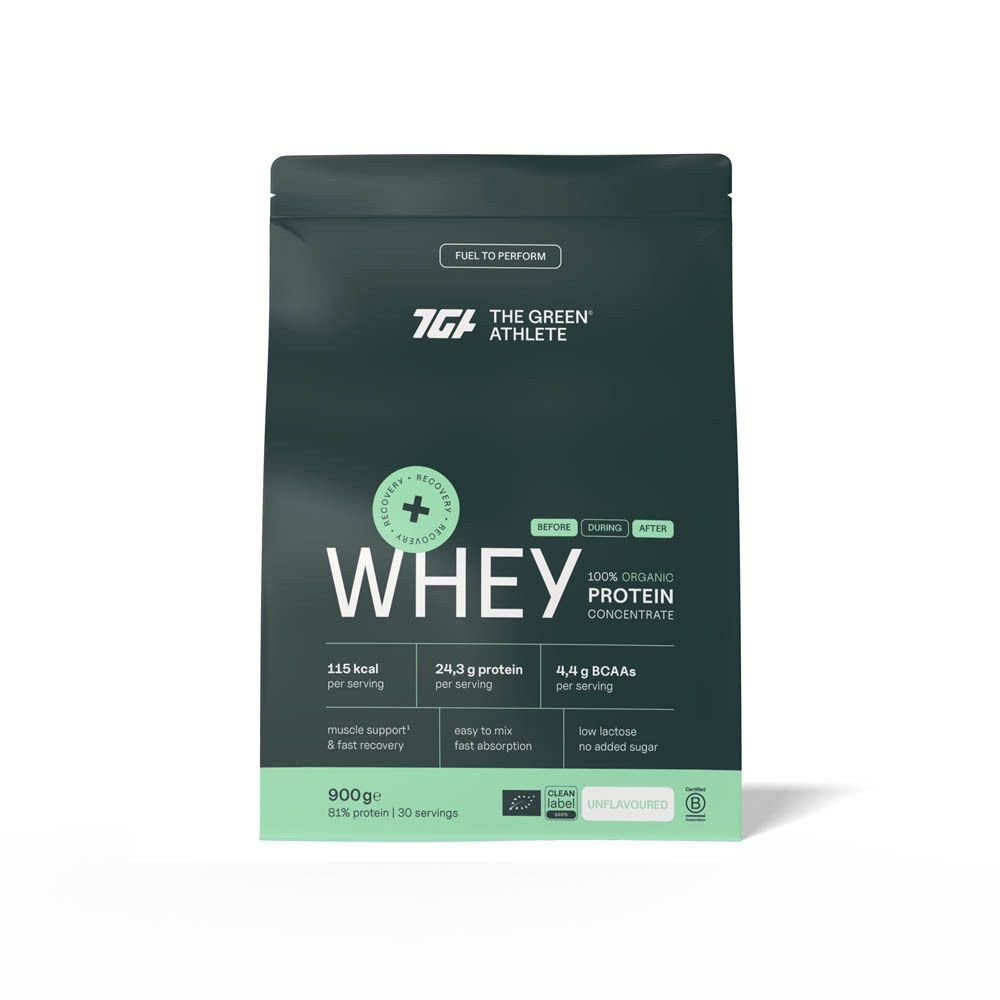 Sachet vert avec "WHEY" et "THE GREEN ATHLETE". Contient 100% concentré de protéines bio. Informations sur les calories, protéines et BCAA.